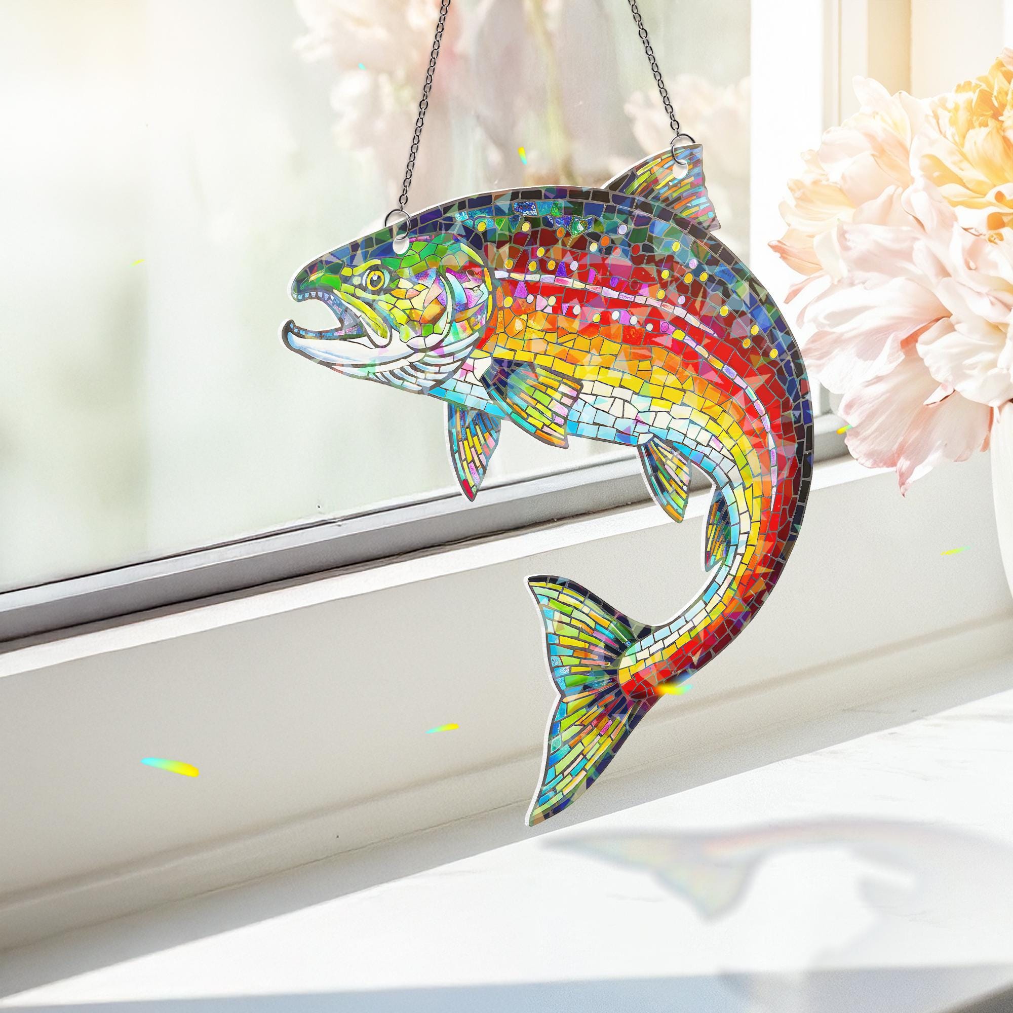 Holographic Salmon Fish Ornament: Fisher Window Hanging Decor