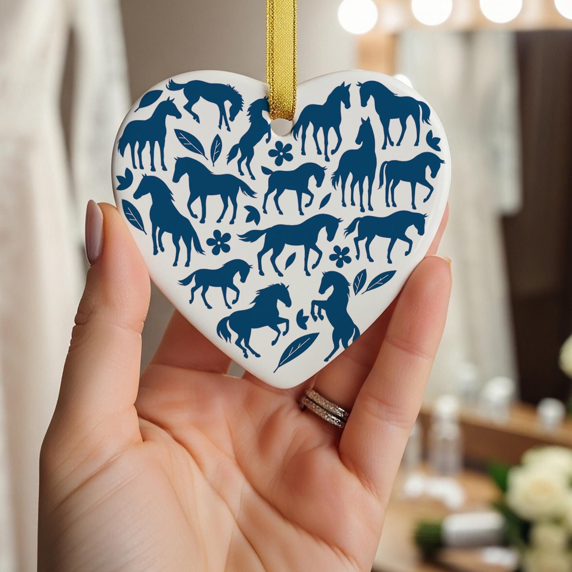 Chinoiseries Blue Horse Ceramic Ornament: Equestrian Heart Christmas Decor