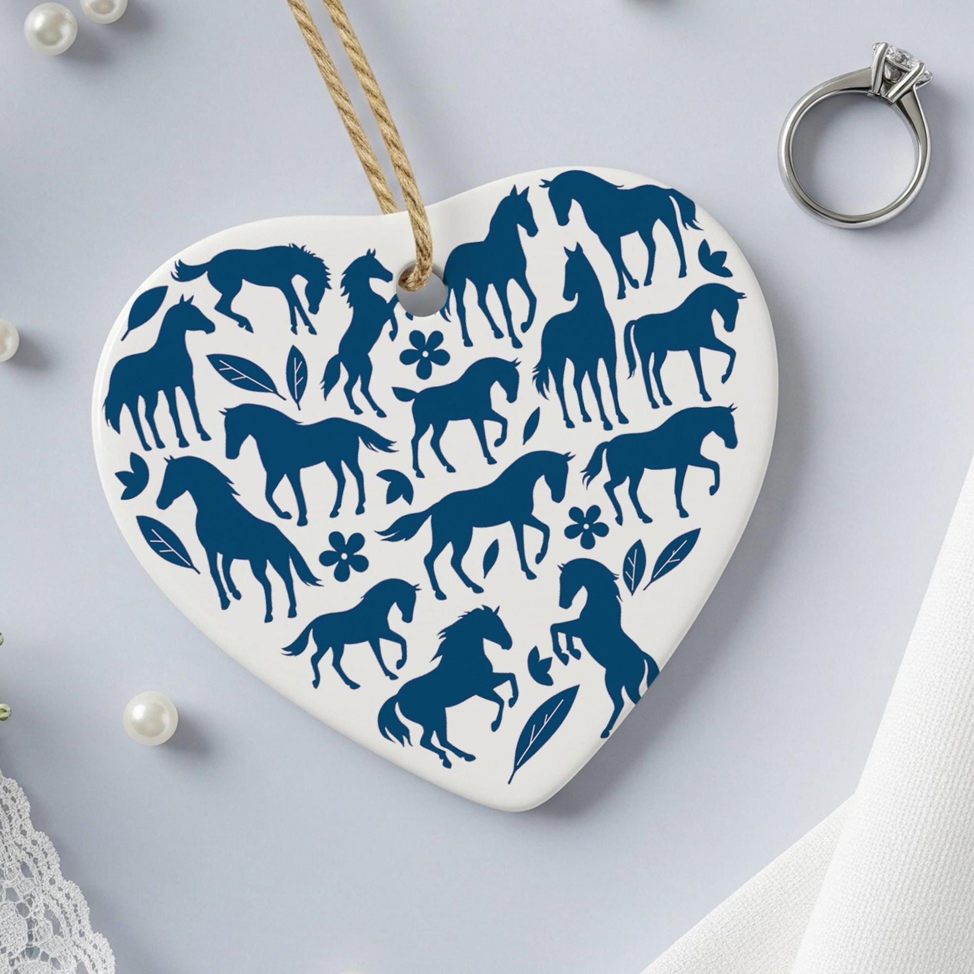 Chinoiseries Blue Horse Ceramic Ornament: Equestrian Heart Christmas Decor