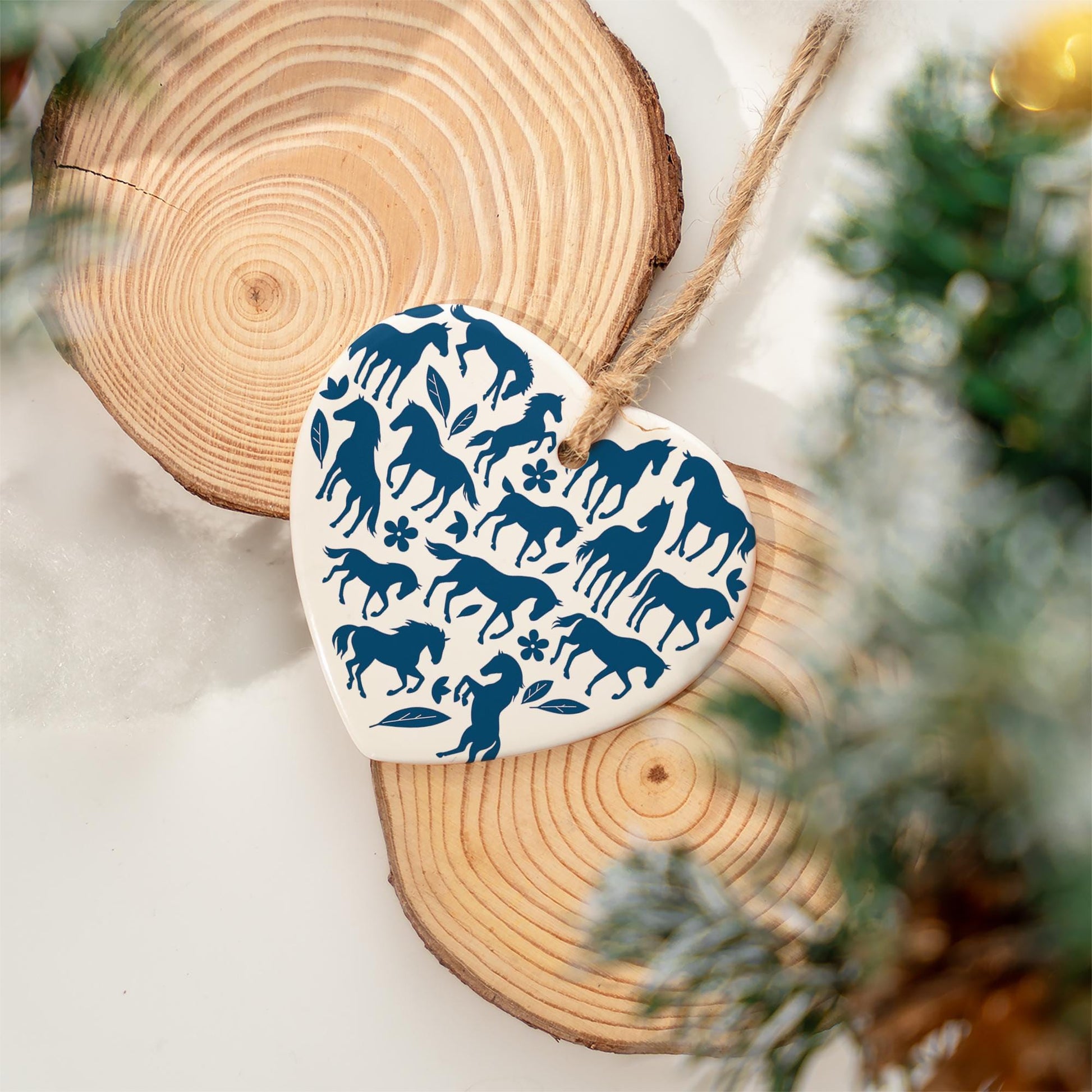 Chinoiseries Blue Horse Ceramic Ornament: Equestrian Heart Christmas Decor