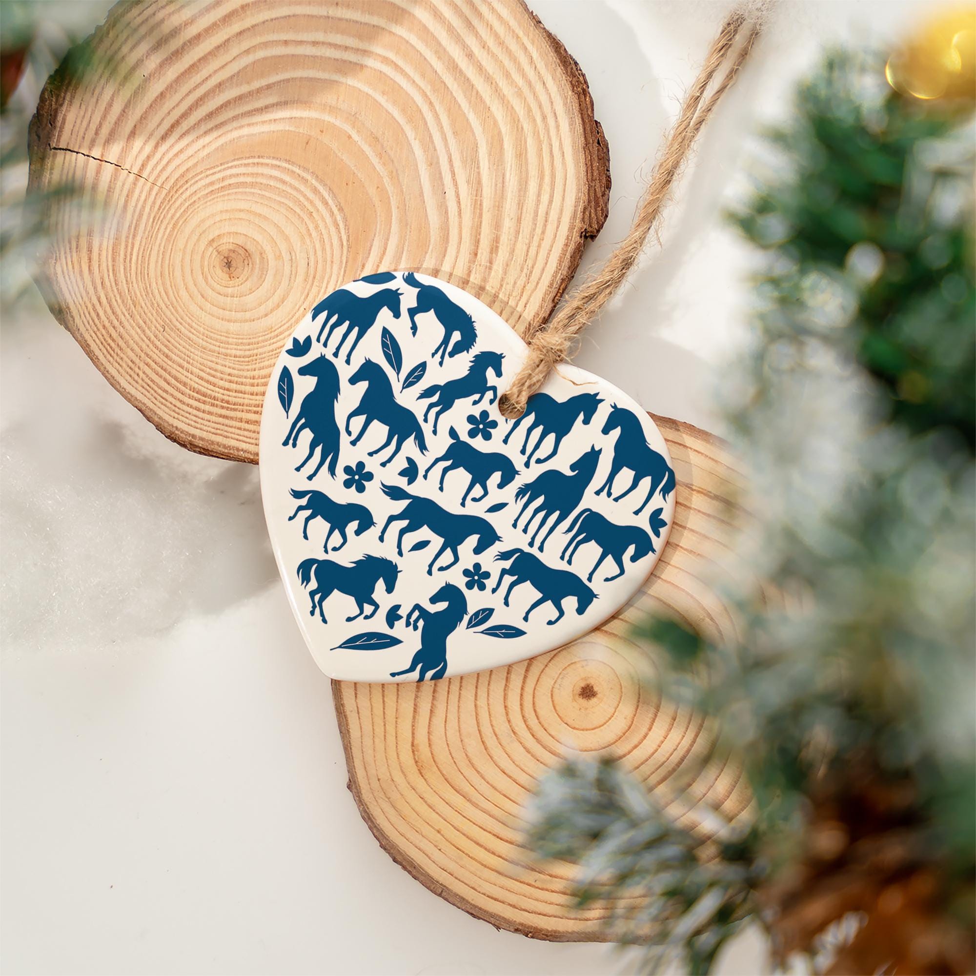 Chinoiseries Blue Horse Ceramic Ornament: Equestrian Heart Christmas Decor