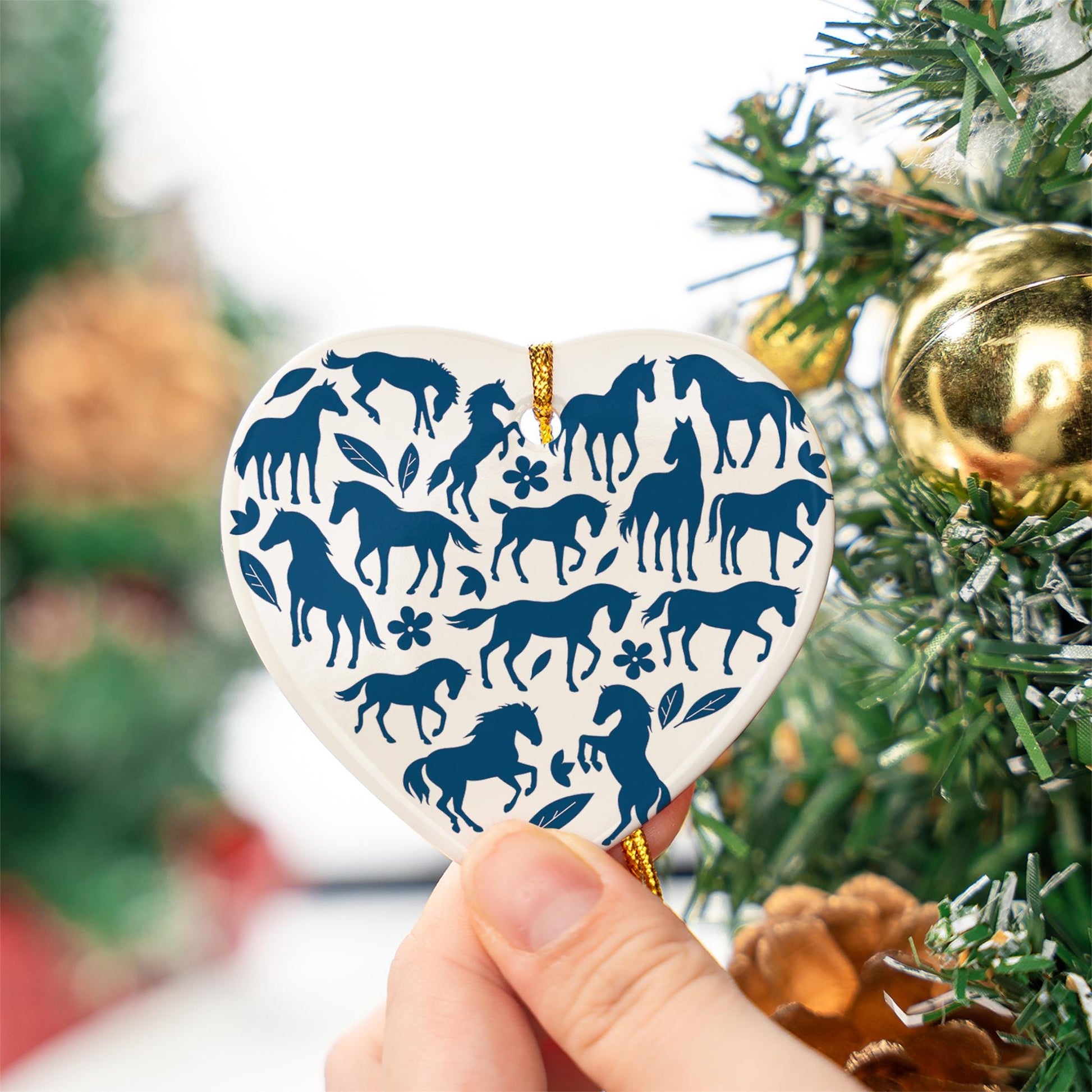 Chinoiseries Blue Horse Ceramic Ornament: Equestrian Heart Christmas Decor