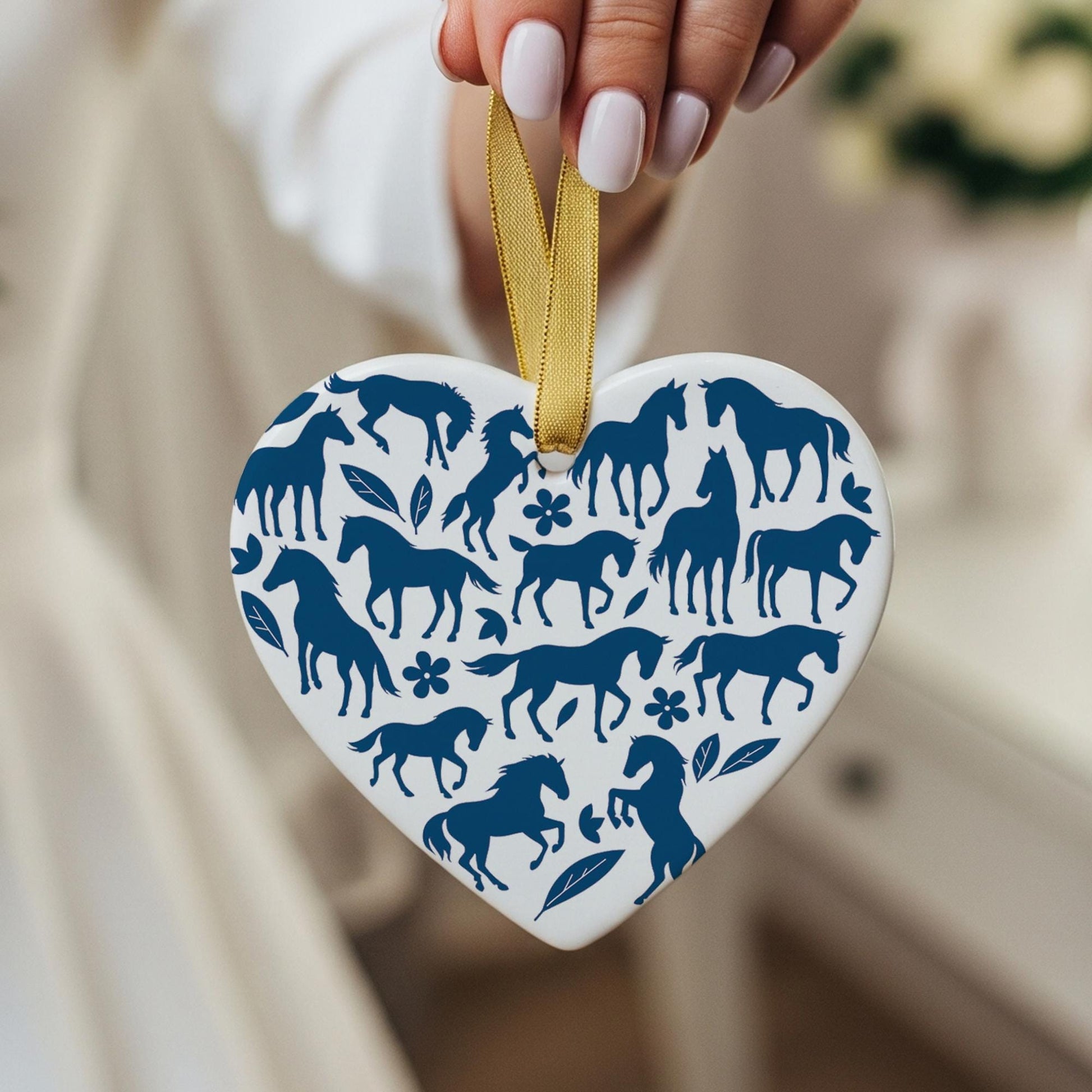 Chinoiseries Blue Horse Ceramic Ornament: Equestrian Heart Christmas Decor