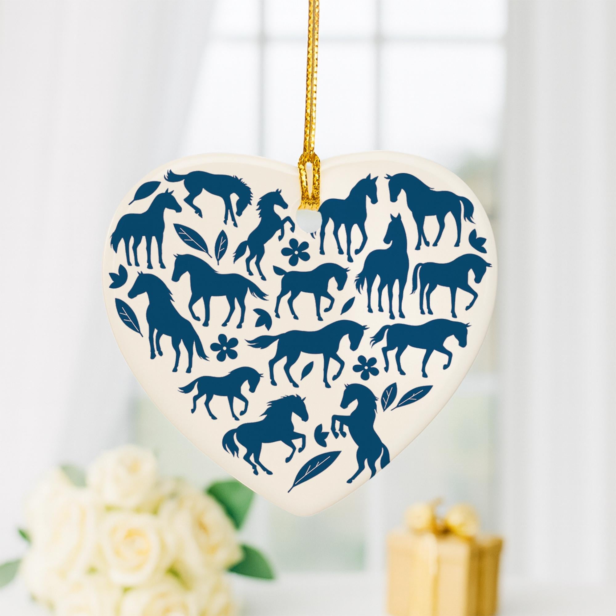 Chinoiseries Blue Horse Ceramic Ornament: Equestrian Heart Christmas Decor