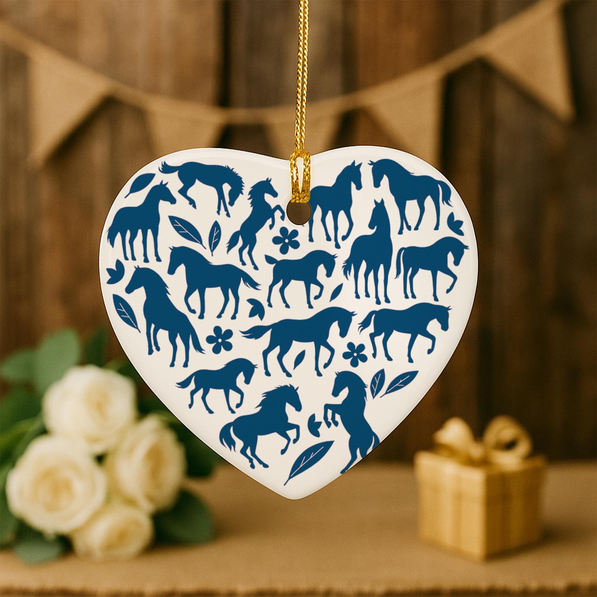 Chinoiseries Blue Horse Ceramic Ornament: Equestrian Heart Christmas Decor