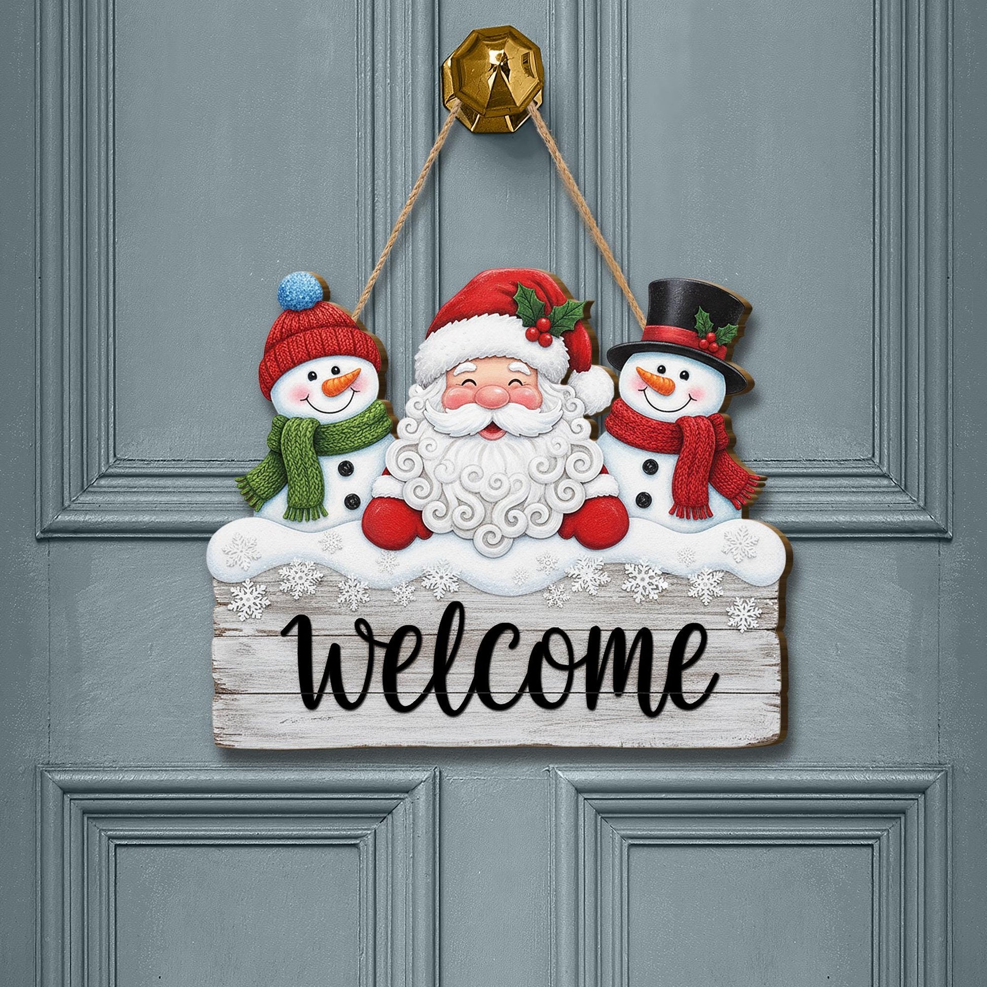 Christmas Door Sign: Santa & Snowmen Welcome Hanging Sign