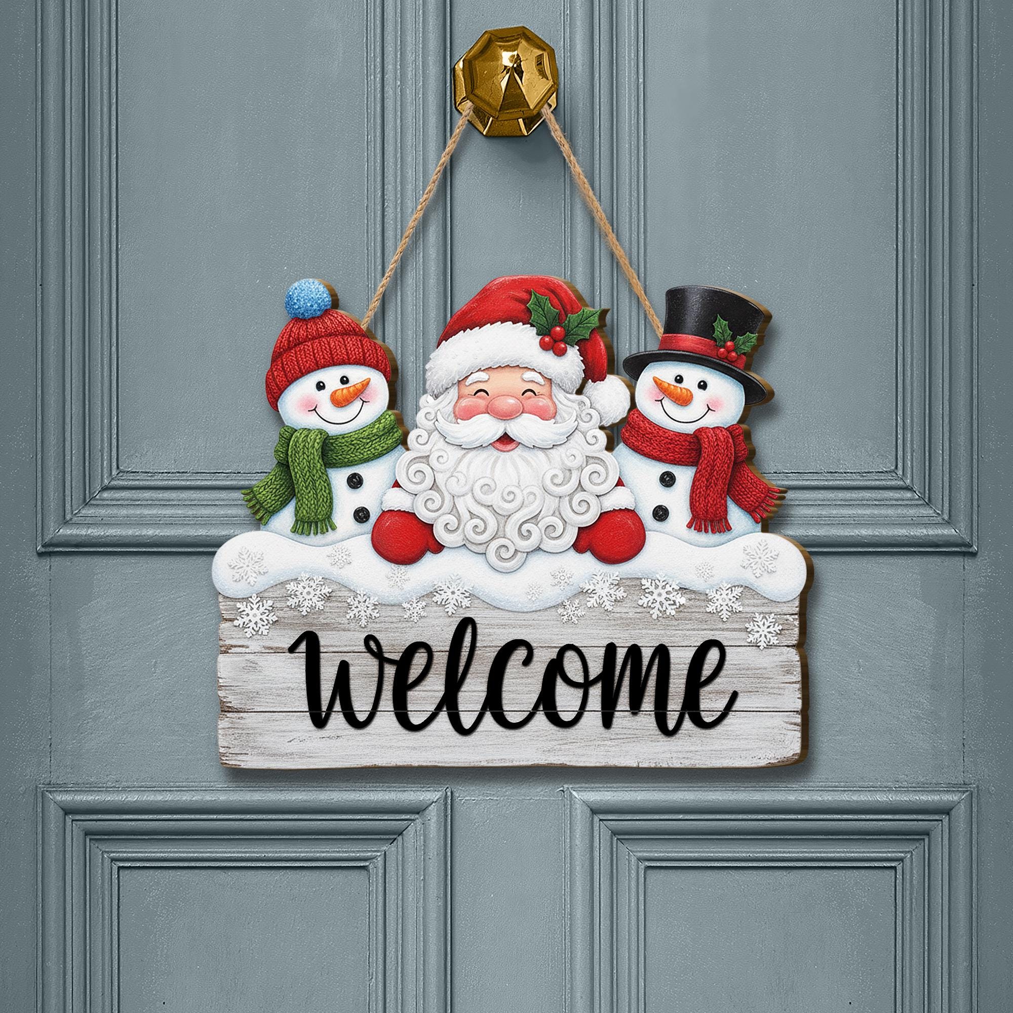 Christmas Door Sign: Santa & Snowmen Welcome Hanging Sign