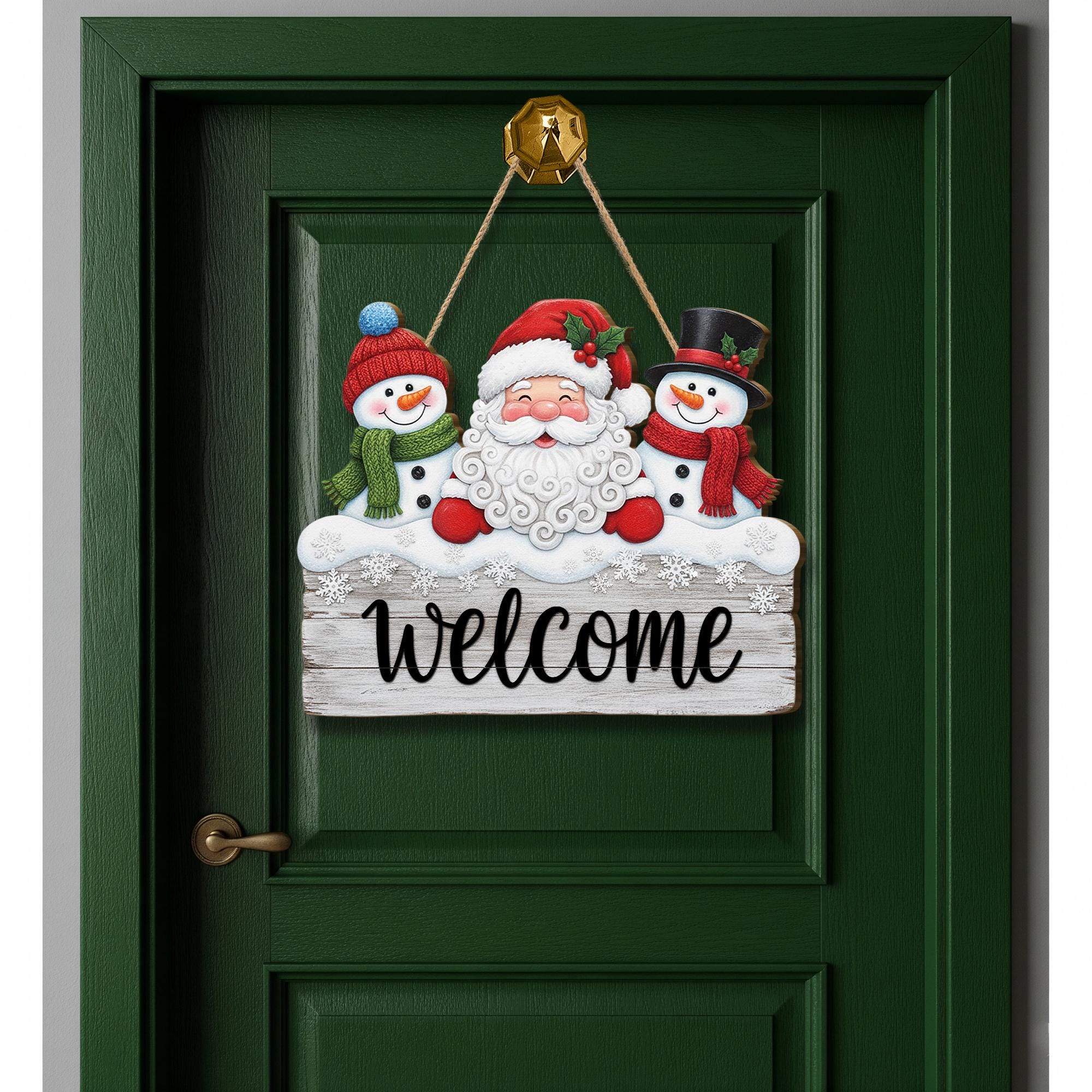 Christmas Door Sign: Santa & Snowmen Welcome Hanging Sign