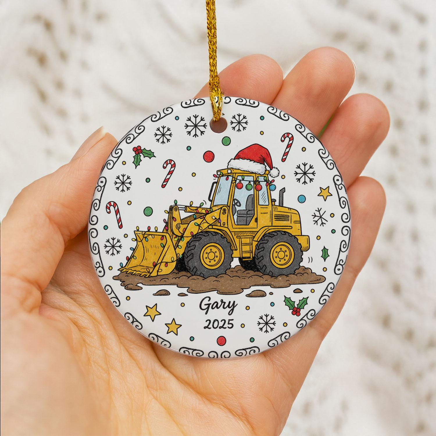 Excavator Ceramic Ornament, Round Construction Machine Illustration, Custom Name & Year, Christmas Tree Decor