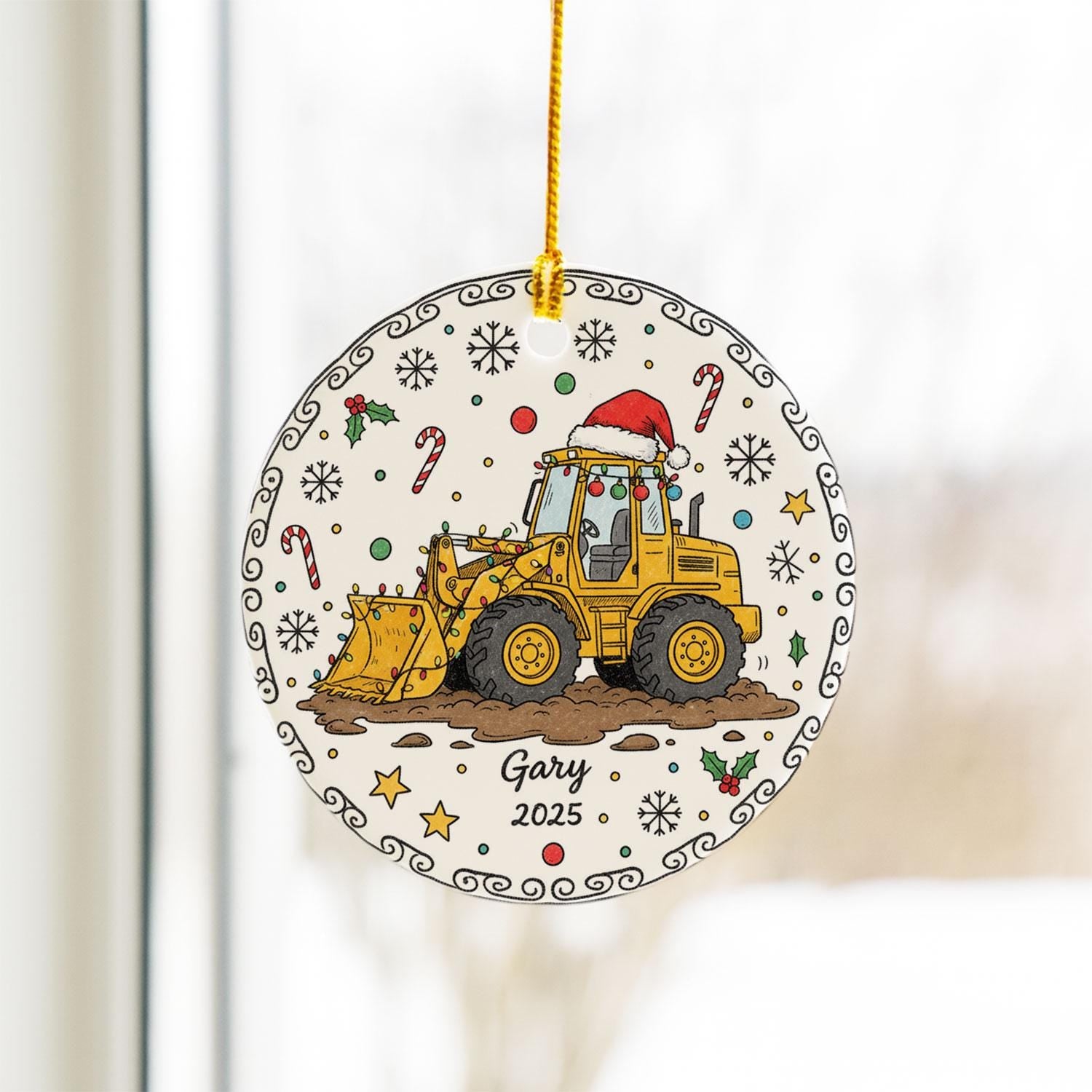 Excavator Ceramic Ornament, Round Construction Machine Illustration, Custom Name & Year, Christmas Tree Decor