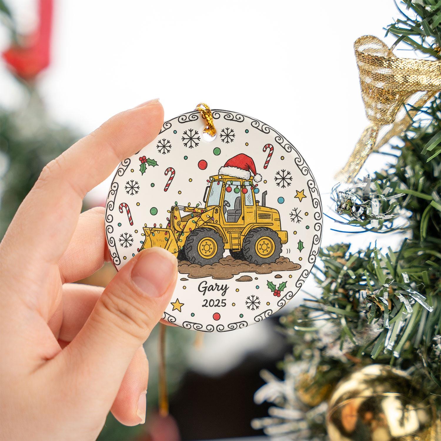 Excavator Ceramic Ornament, Round Construction Machine Illustration, Custom Name & Year, Christmas Tree Decor
