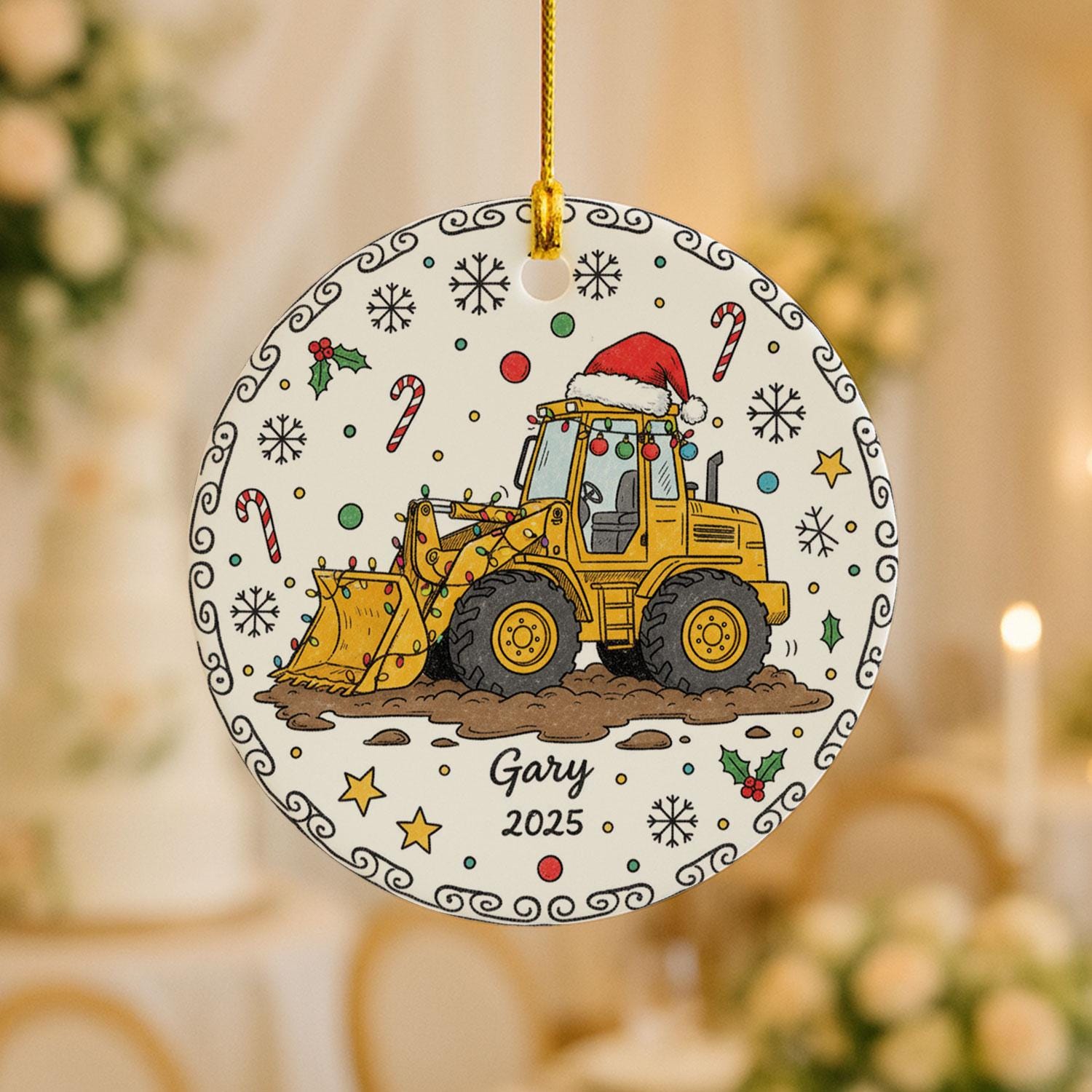 Excavator Ceramic Ornament, Round Construction Machine Illustration, Custom Name & Year, Christmas Tree Decor