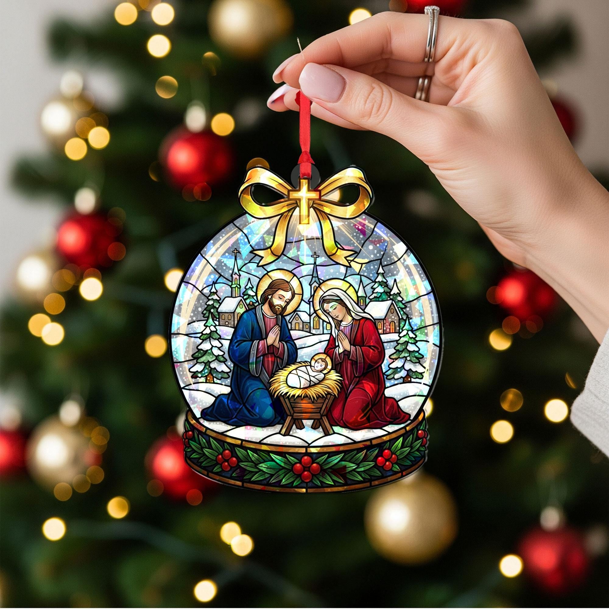 Nativity Acrylic Ornament, Holy Family Stained-Glass Style, Custom Shape, Personalized Name, Christmas Tree Decor