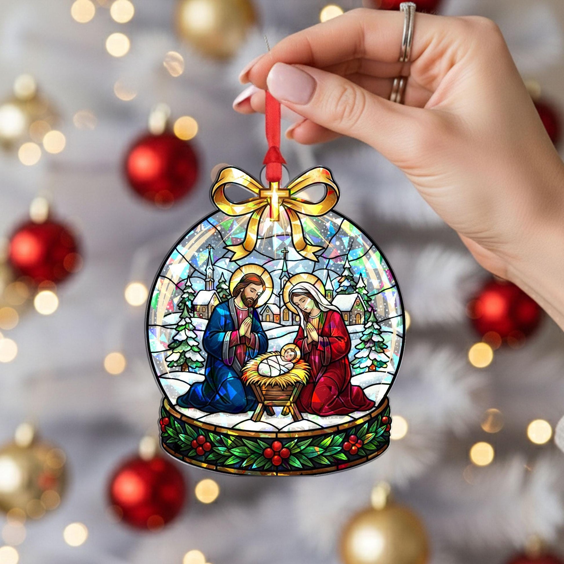 Nativity Acrylic Ornament, Holy Family Stained-Glass Style, Custom Shape, Personalized Name, Christmas Tree Decor