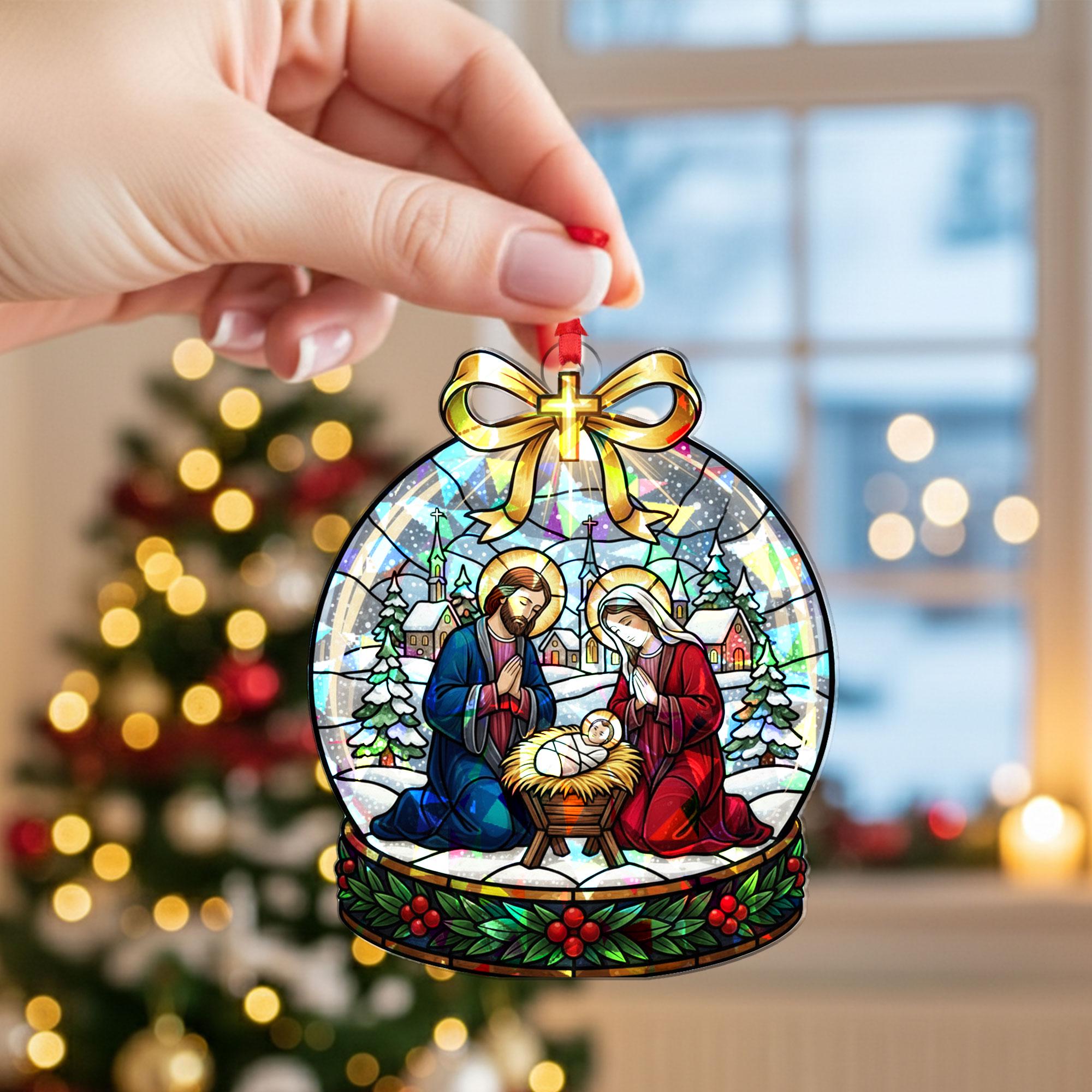 Nativity Acrylic Ornament, Holy Family Stained-Glass Style, Custom Shape, Personalized Name, Christmas Tree Decor