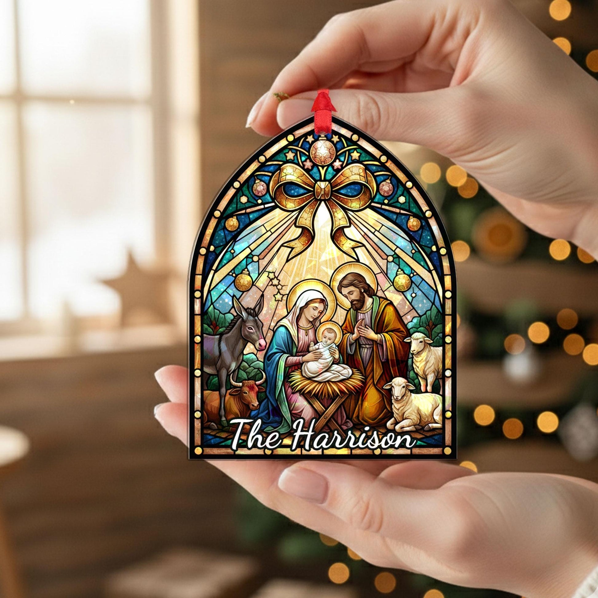 Nativity Acrylic Ornament, Bow Coquette Arch Shape, Stained-Glass Style, Personalized Name, Christian Christmas Decor