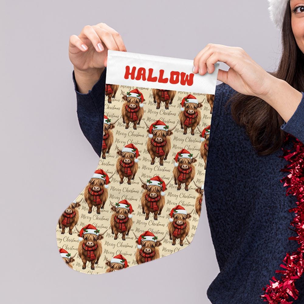 Highland Cow Christmas Stocking Custom Name Santa Hat Holiday Decoration