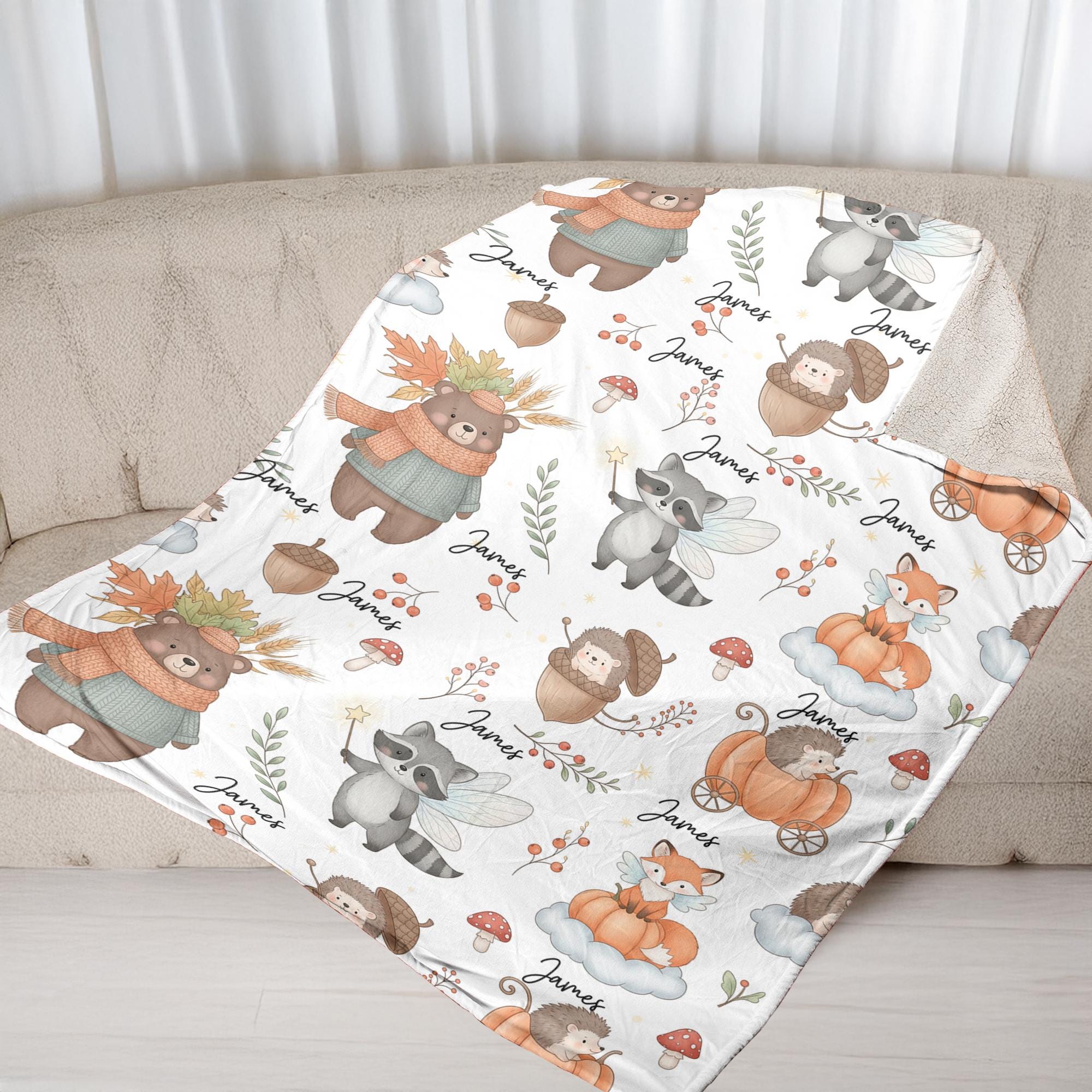 Personalized Woodland Animal Fleece Blanket: Autumn Forest Throw