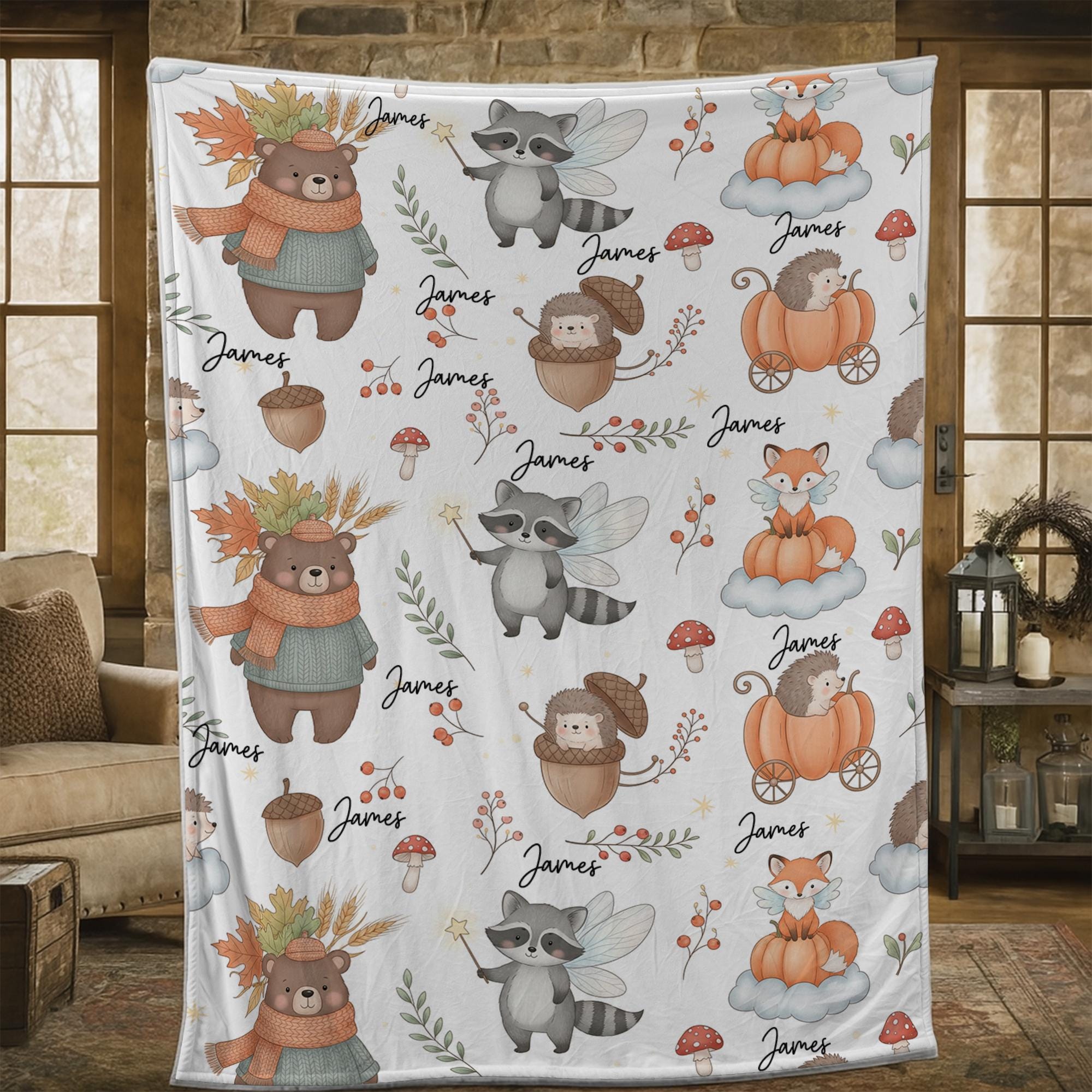 Personalized Woodland Animal Fleece Blanket: Autumn Forest Throw