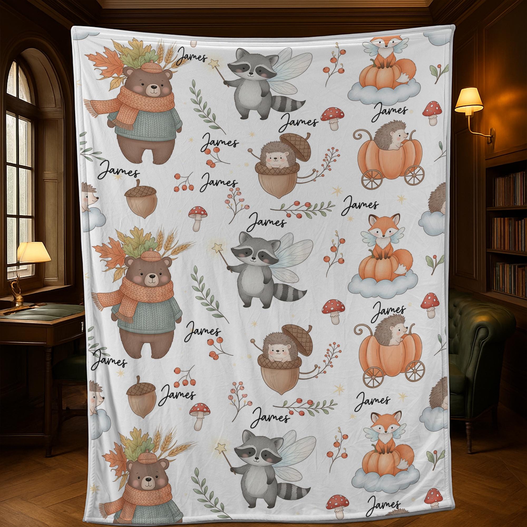 Personalized Woodland Animal Fleece Blanket: Autumn Forest Throw