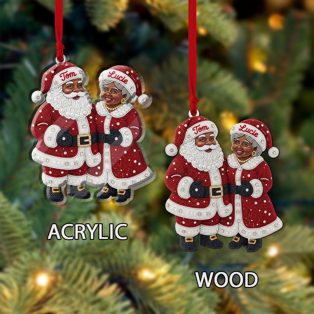 Black Santa and Mrs Claus Ornament – Custom Personalized Christmas Tree Decoration with Names
