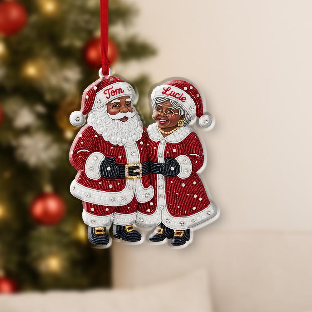 Black Santa and Mrs Claus Ornament – Custom Personalized Christmas Tree Decoration with Names