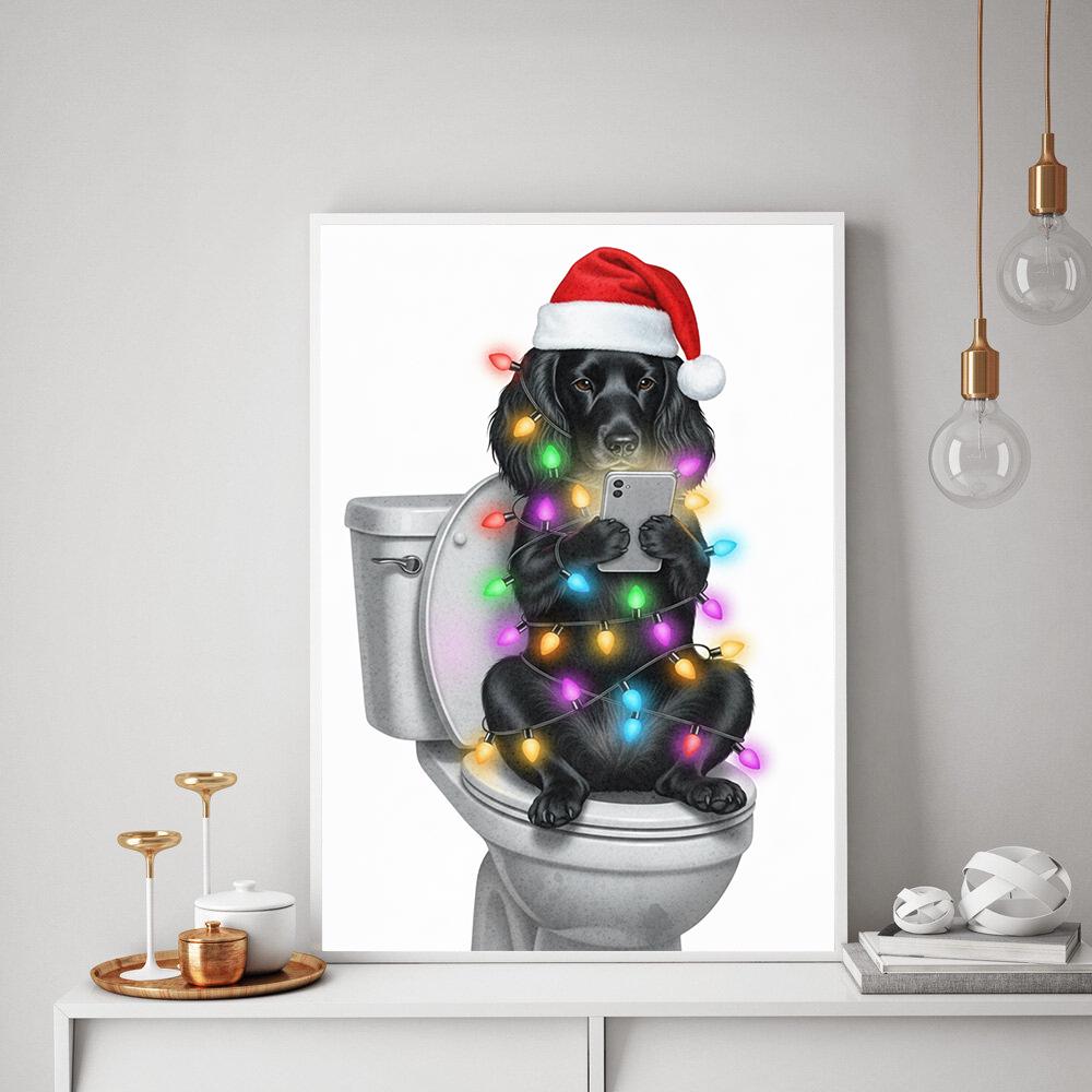 Funny Black Lab Christmas Lights Poster: Dog on Toilet Wall Art