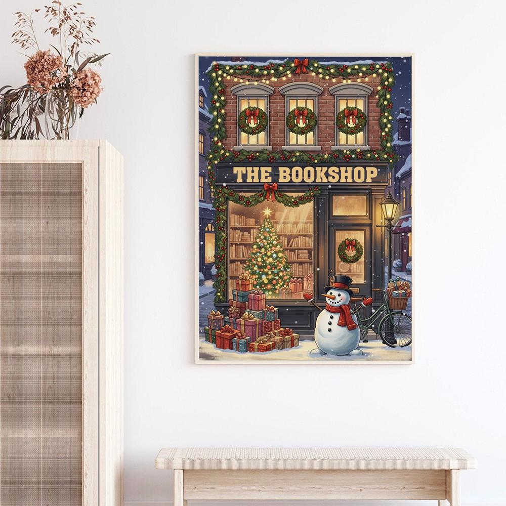 Bookshop Christmas Poster – Holiday Snowman with Tree and Gifts Wall Art
