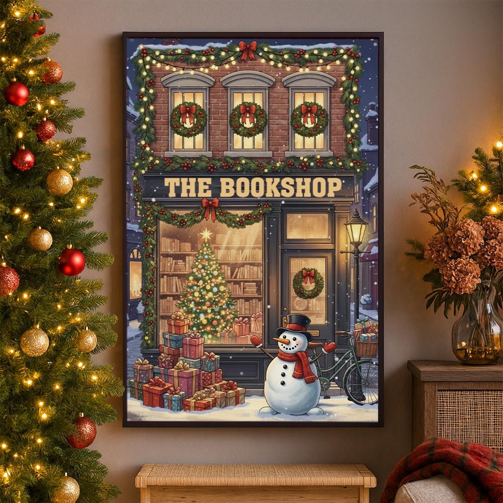 Bookshop Christmas Poster – Holiday Snowman with Tree and Gifts Wall Art