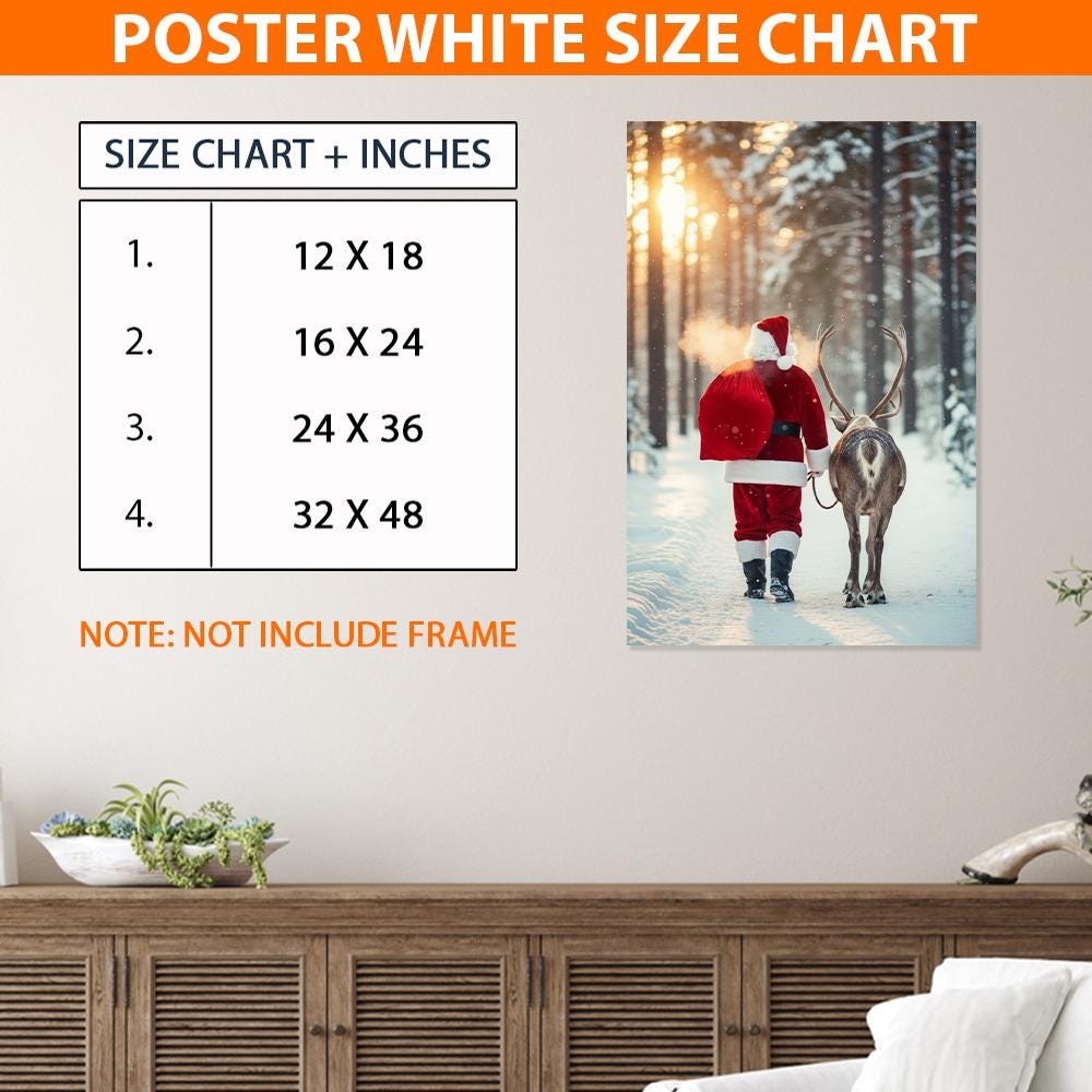 Santa and Reindeer Poster – Winter Forest Snow Scene Holiday Wall Art