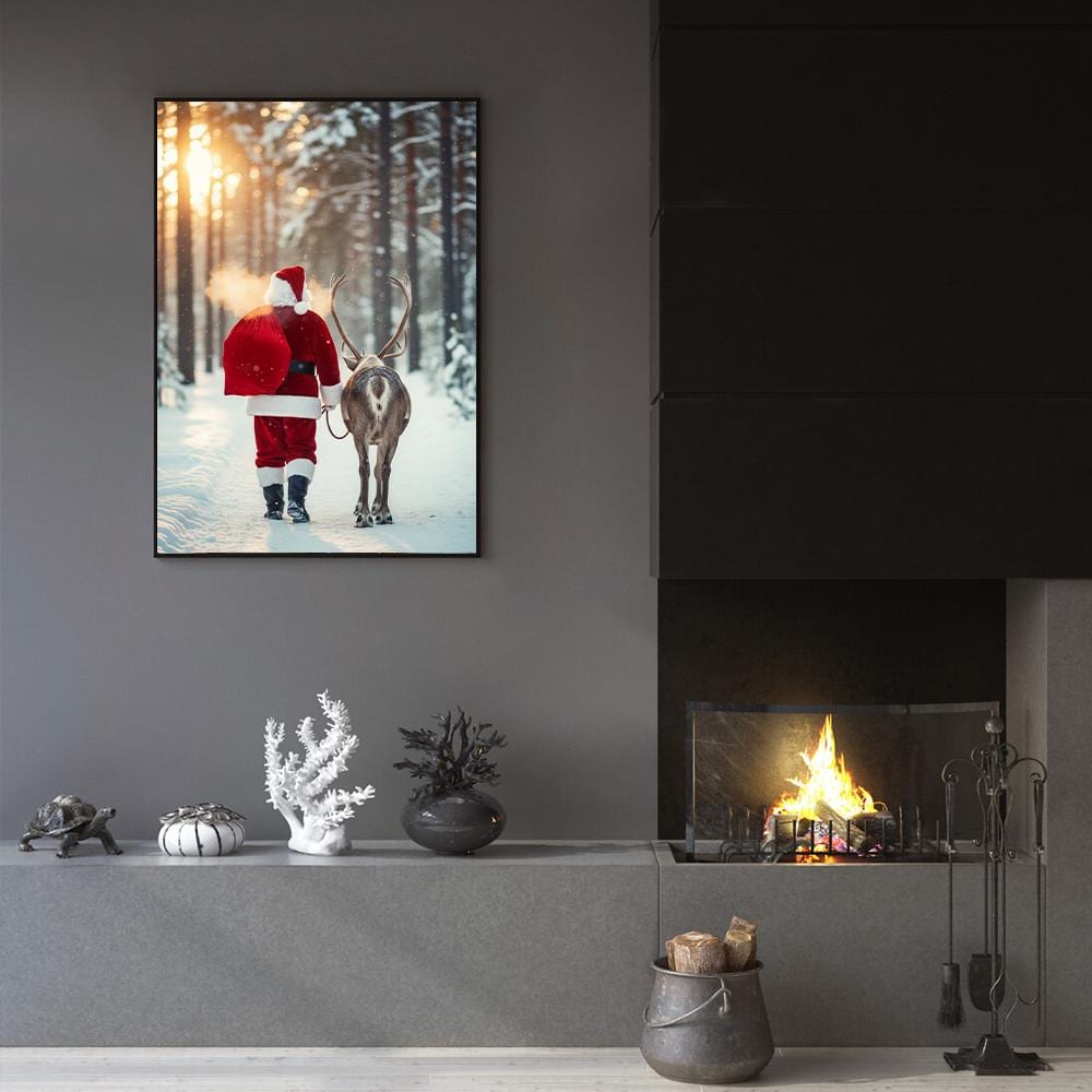 Santa and Reindeer Poster – Winter Forest Snow Scene Holiday Wall Art