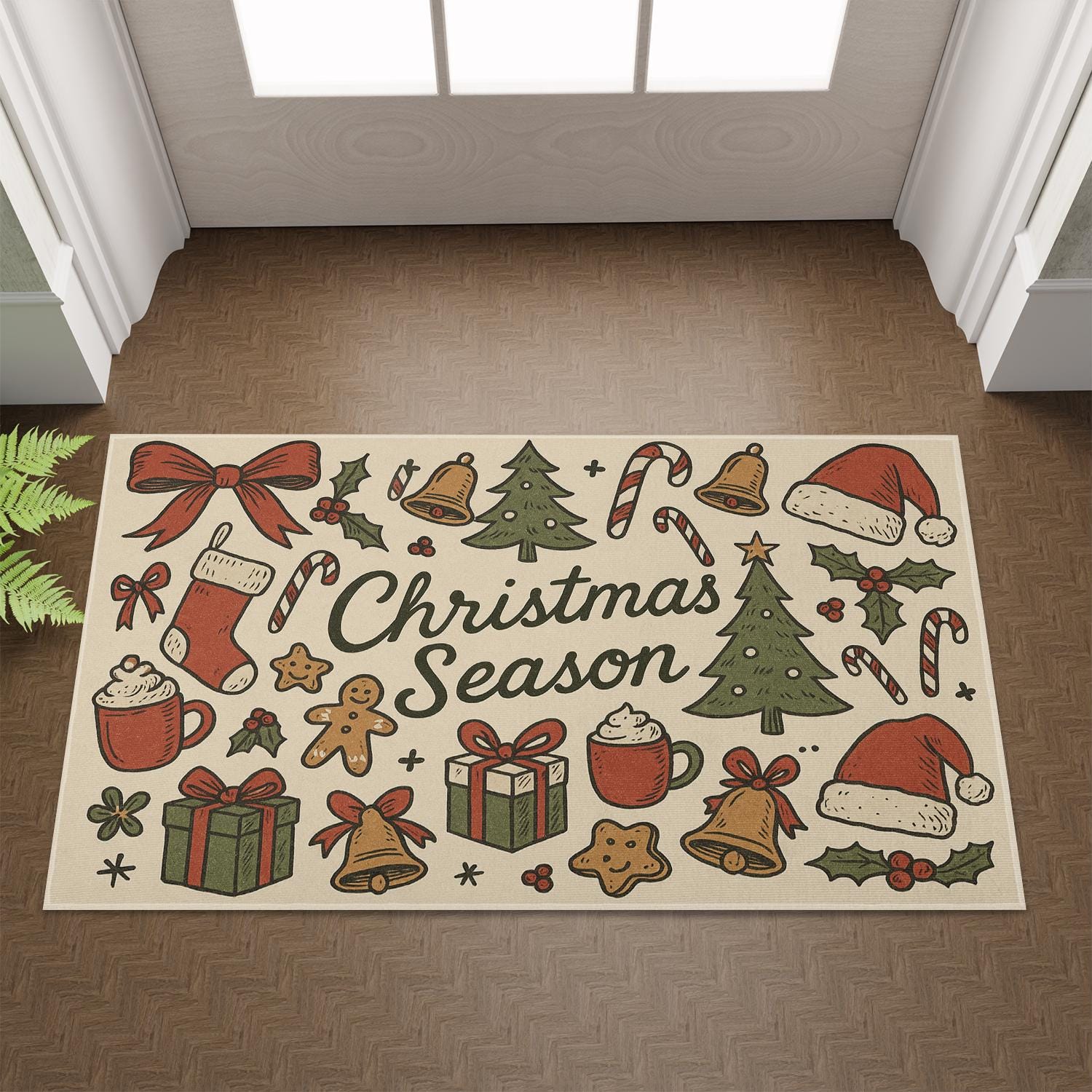 Christmas Doormat – Holiday Entry Rug with Trees Stockings and Gifts