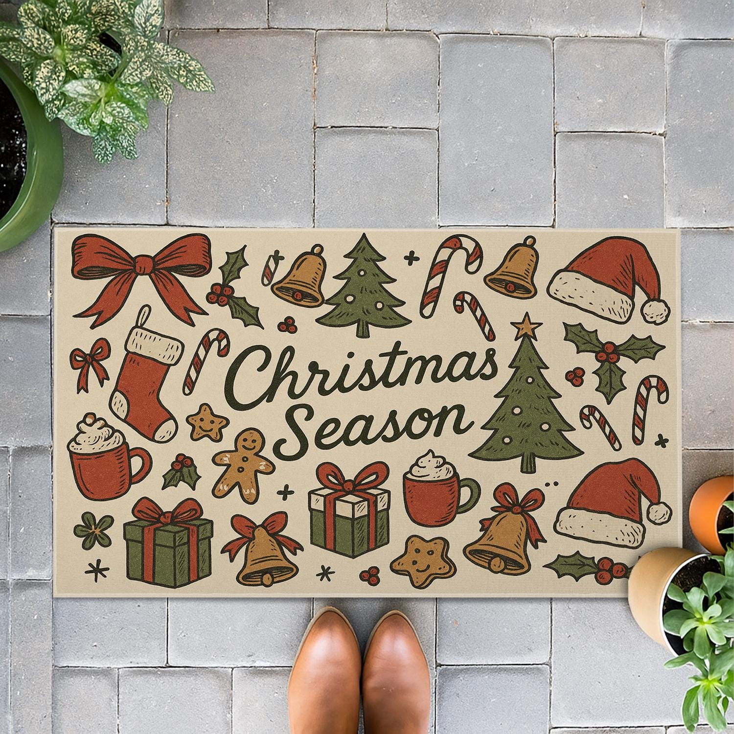 Christmas Doormat – Holiday Entry Rug with Trees Stockings and Gifts