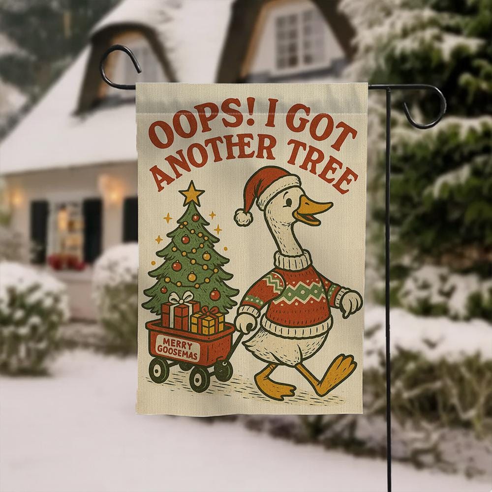 Christmas Garden Flag – Goose with Tree and Gifts Holiday Outdoor Decor