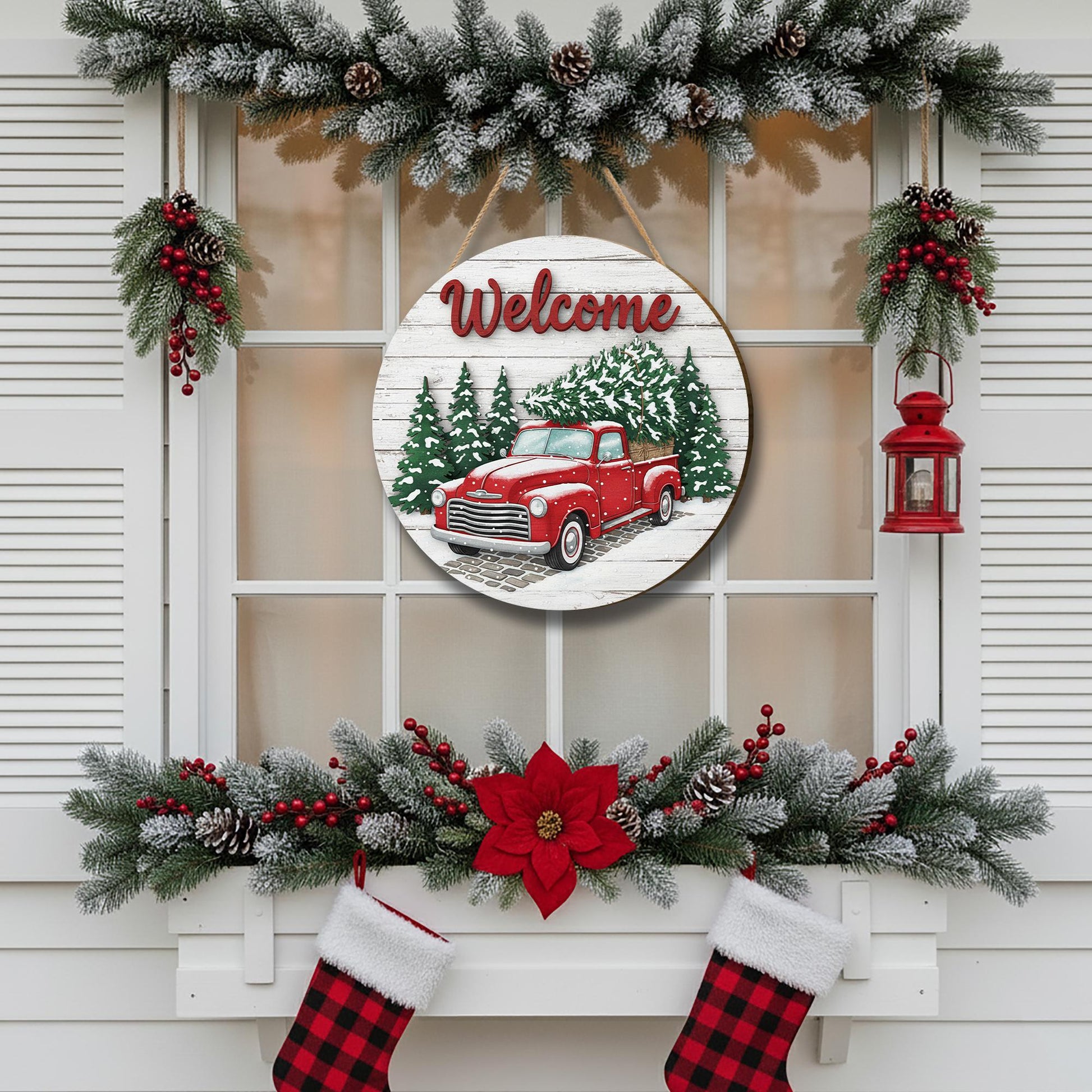 Rustic Christmas Welcome Sign – Red Truck Farmhouse Door Hanger for Holiday Porch Décor