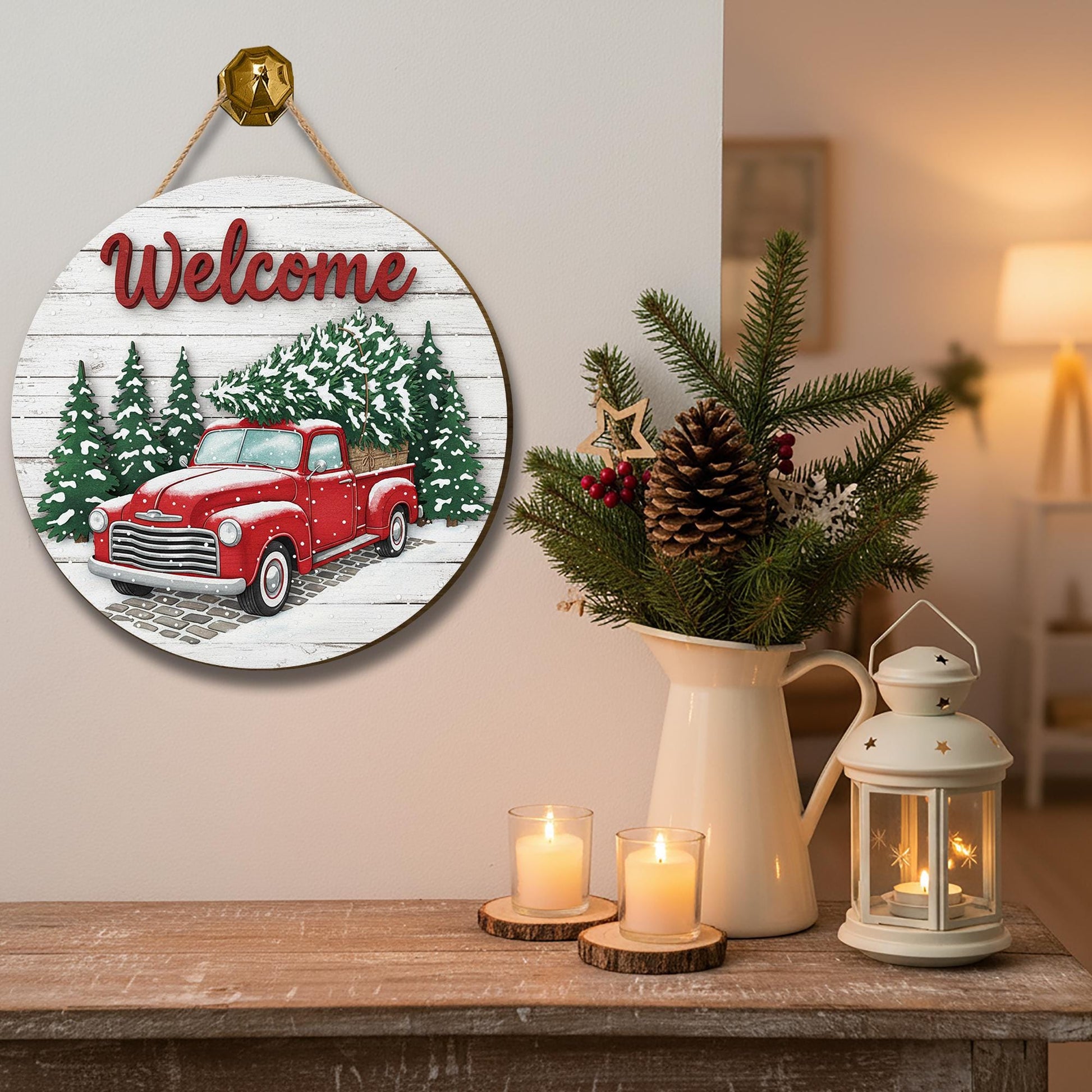 Rustic Christmas Welcome Sign – Red Truck Farmhouse Door Hanger for Holiday Porch Décor