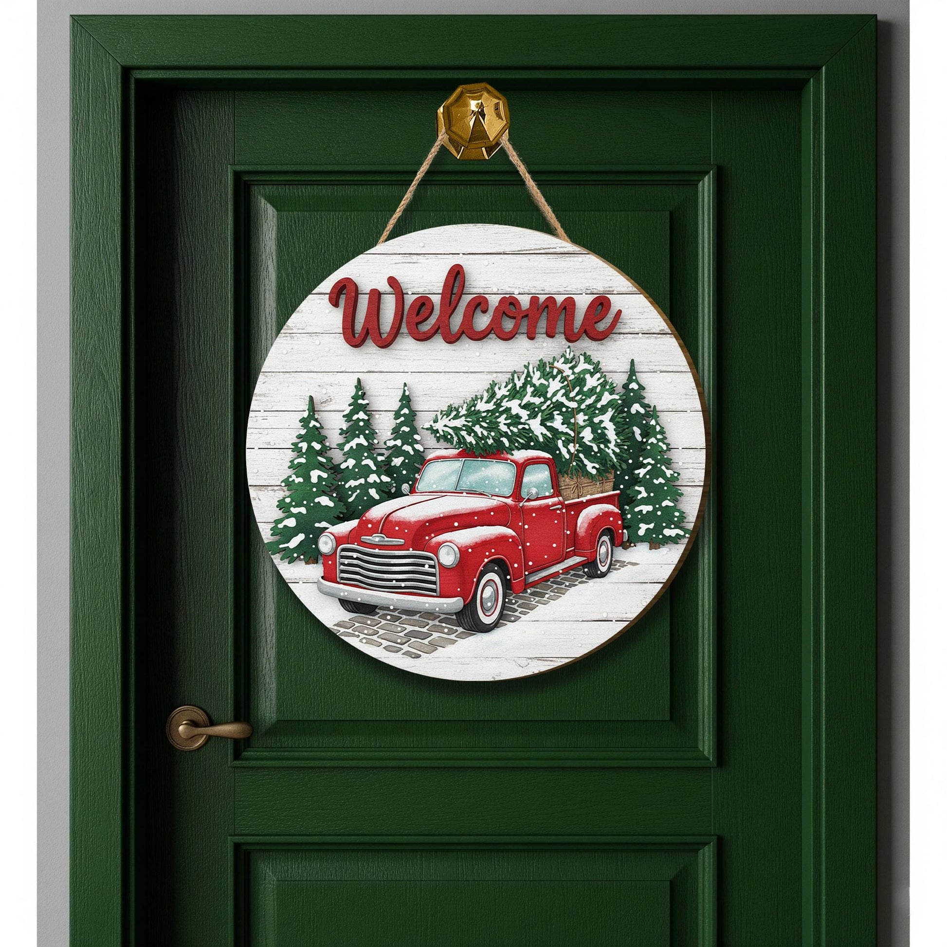 Rustic Christmas Welcome Sign – Red Truck Farmhouse Door Hanger for Holiday Porch Décor