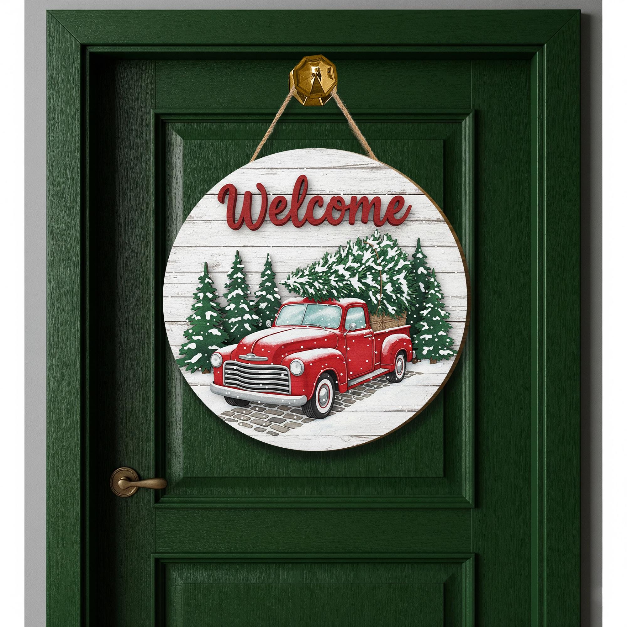 Rustic Christmas Welcome Sign – Red Truck Farmhouse Door Hanger for Holiday Porch Décor