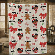 Personalized Christmas Fleece Blanket: Black Santa Kid, Gingerbread & Bow Design