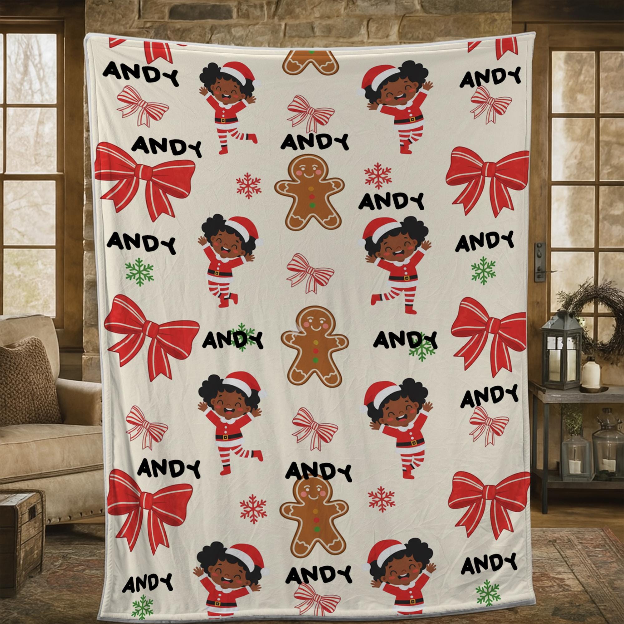 Personalized Christmas Fleece Blanket: Black Santa Kid, Gingerbread & Bow Design