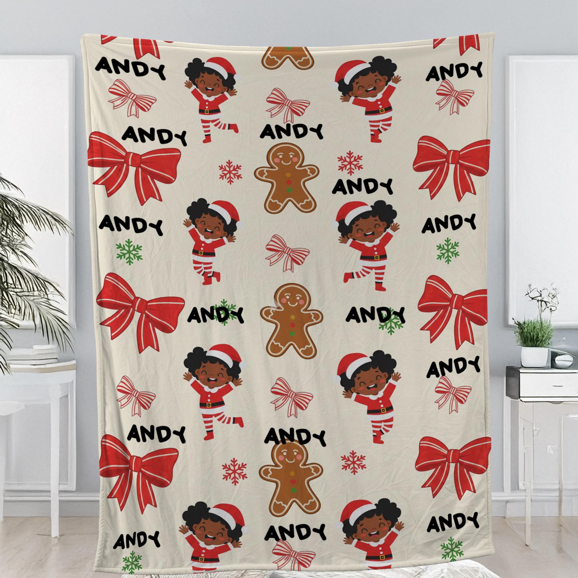 Personalized Christmas Fleece Blanket: Black Santa Kid, Gingerbread & Bow Design