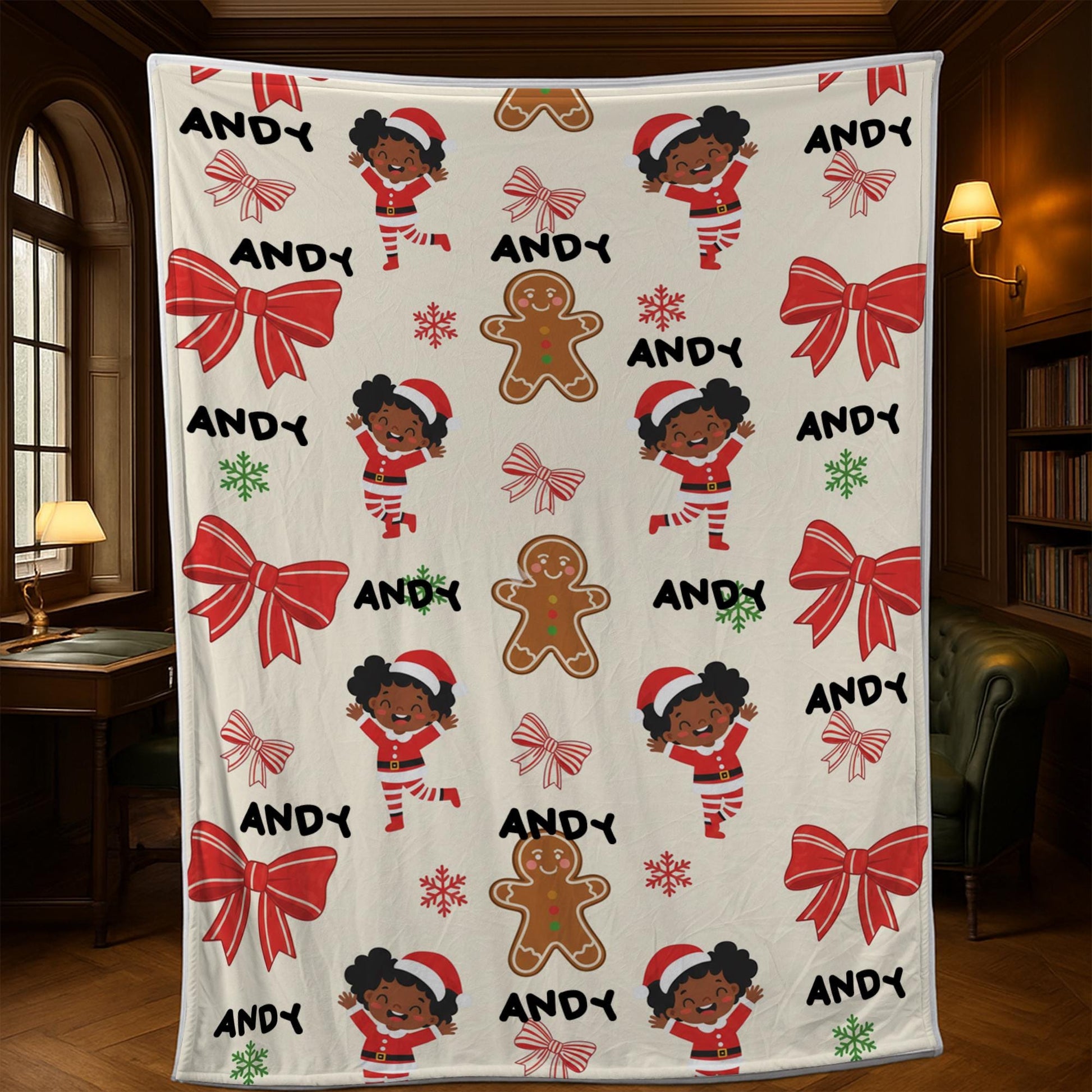 Personalized Christmas Fleece Blanket: Black Santa Kid, Gingerbread & Bow Design