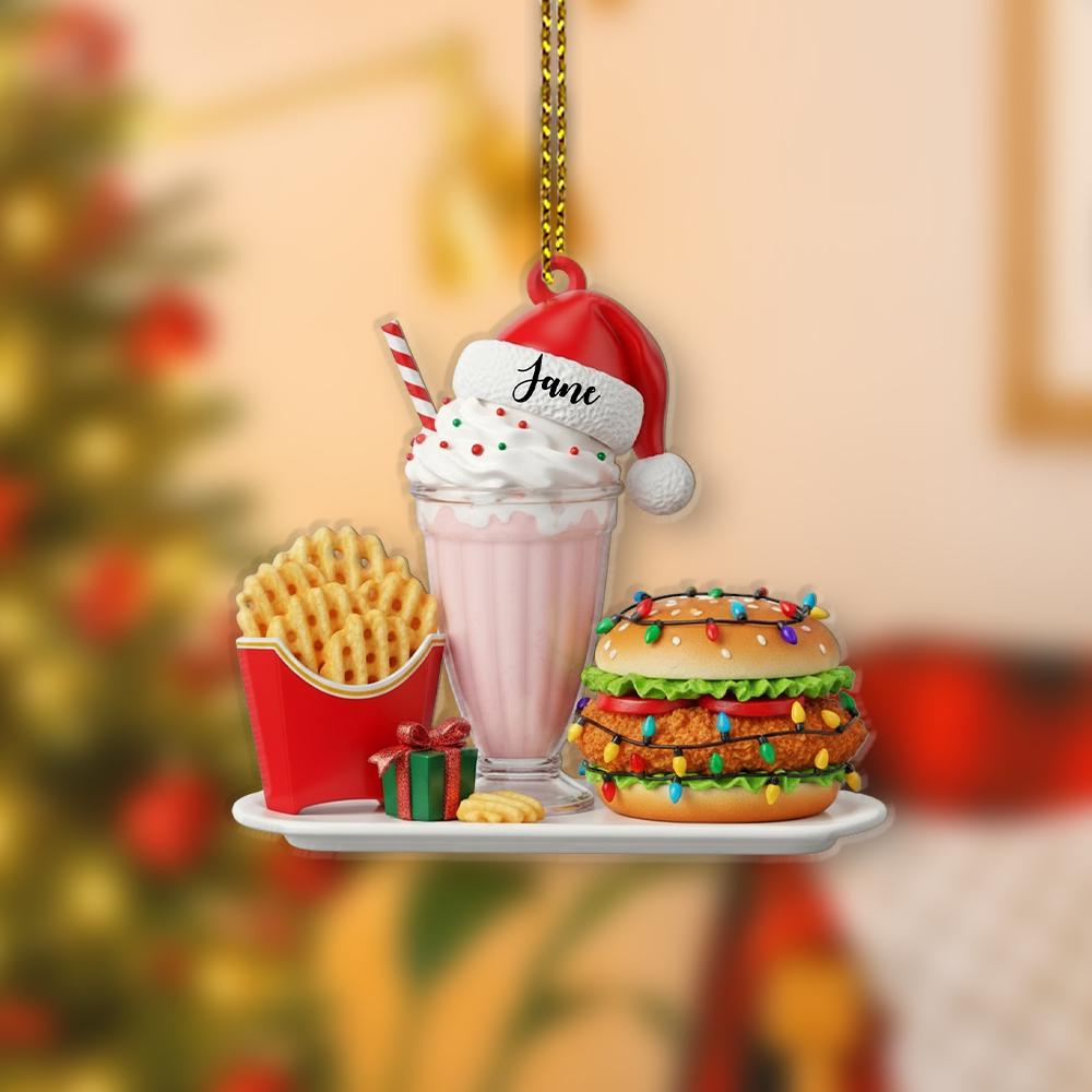 Personalized Fast Food Ornament – Custom Name Burger Fries Milkshake Christmas Tree Decoration