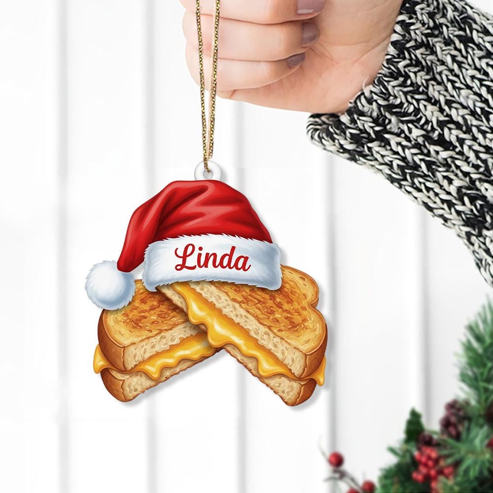 Personalized Grilled Cheese Ornament – Custom Name Santa Hat Food Christmas Tree Decoration
