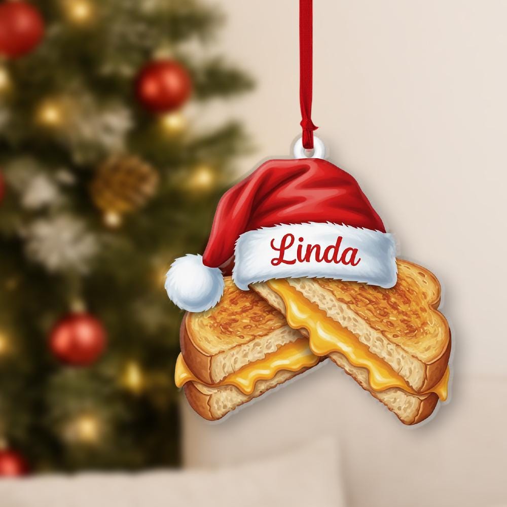 Personalized Grilled Cheese Ornament – Custom Name Santa Hat Food Christmas Tree Decoration
