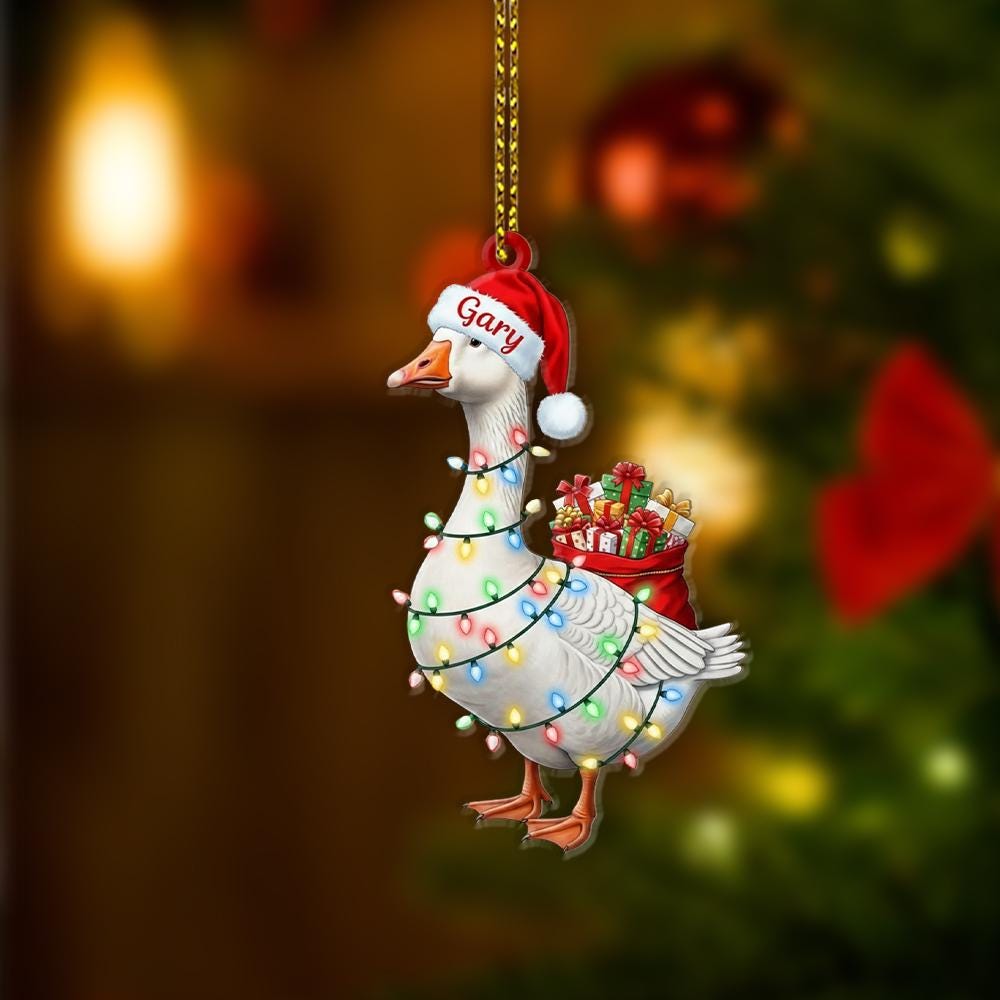 Personalized Goose Ornament – Custom Name Santa Hat Farm Animal Christmas Tree Decoration