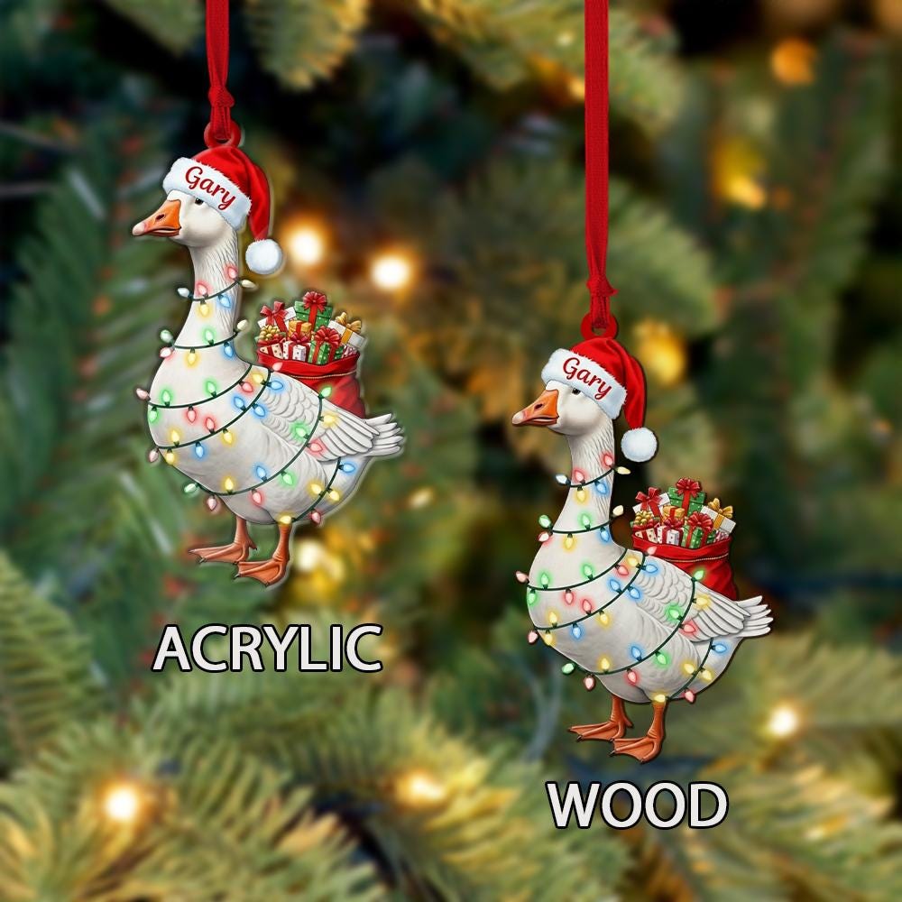 Personalized Goose Ornament – Custom Name Santa Hat Farm Animal Christmas Tree Decoration