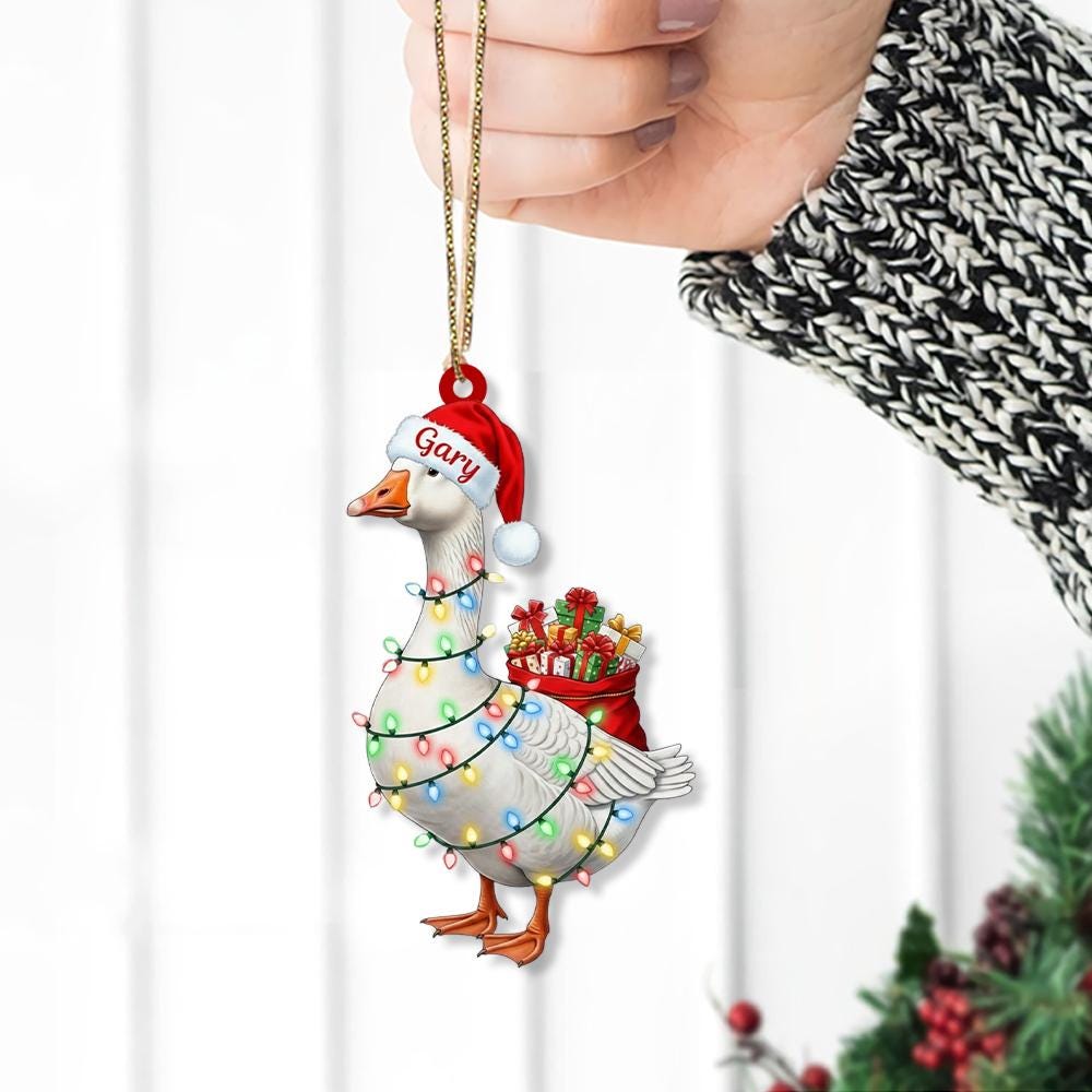 Personalized Goose Ornament – Custom Name Santa Hat Farm Animal Christmas Tree Decoration