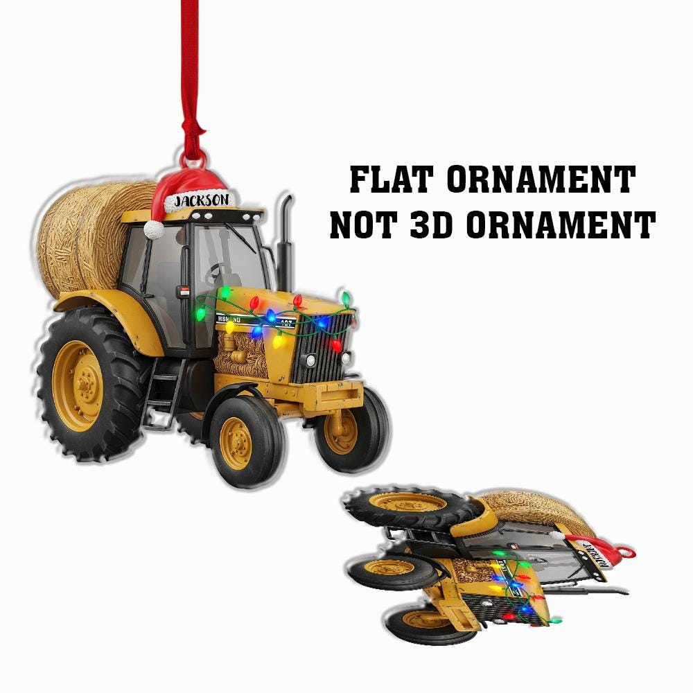 Personalized Tractor Ornament – Farm Christmas Decoration with Lights and Hay Bale