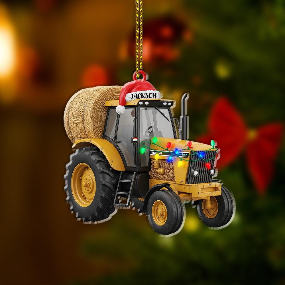 Personalized Tractor Ornament – Farm Christmas Decoration with Lights and Hay Bale